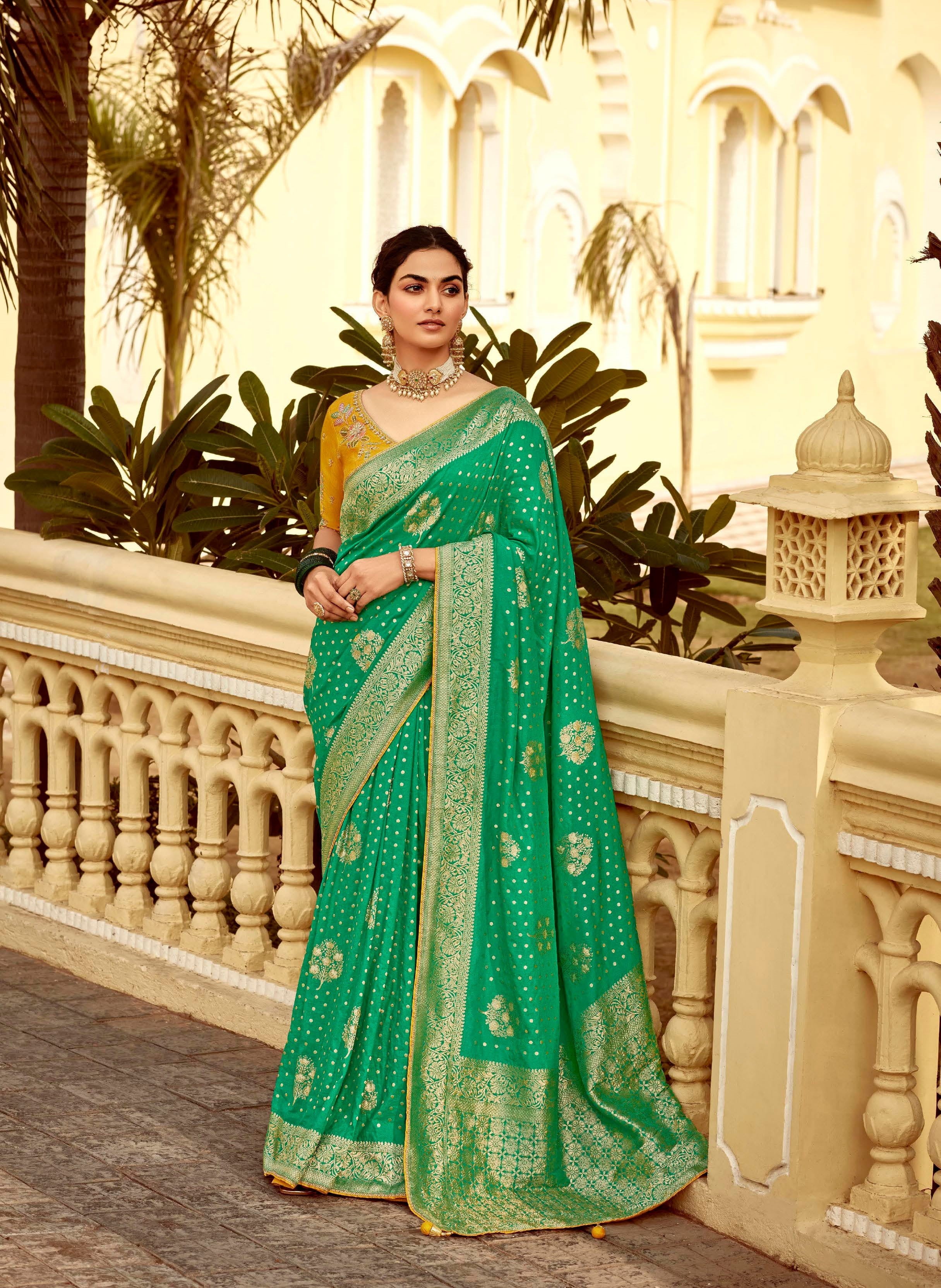 Emerald Green Pure Dola Silk Festival Wear Saree