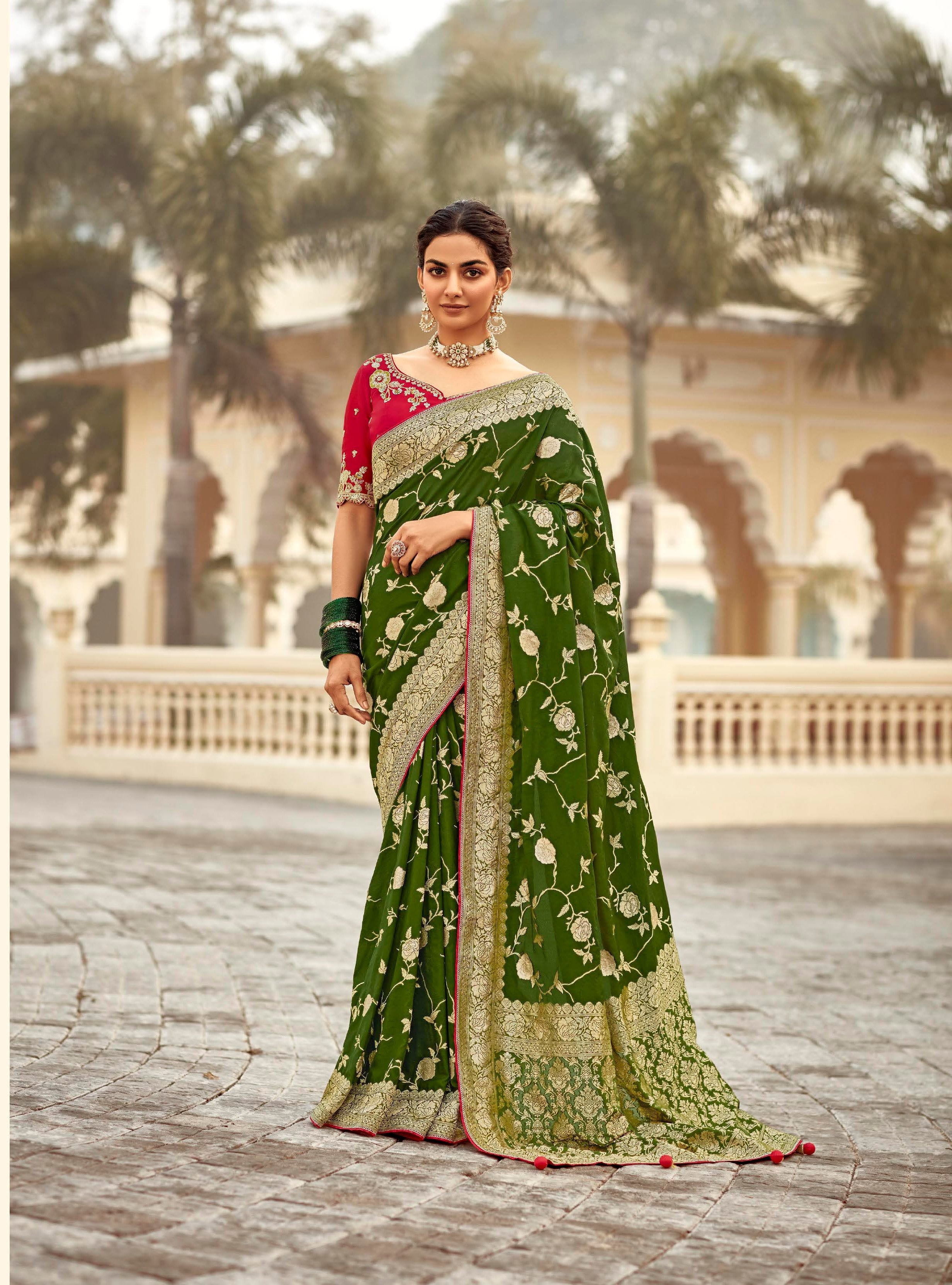 Olive Green Pure Dola Silk Festival Wear Saree