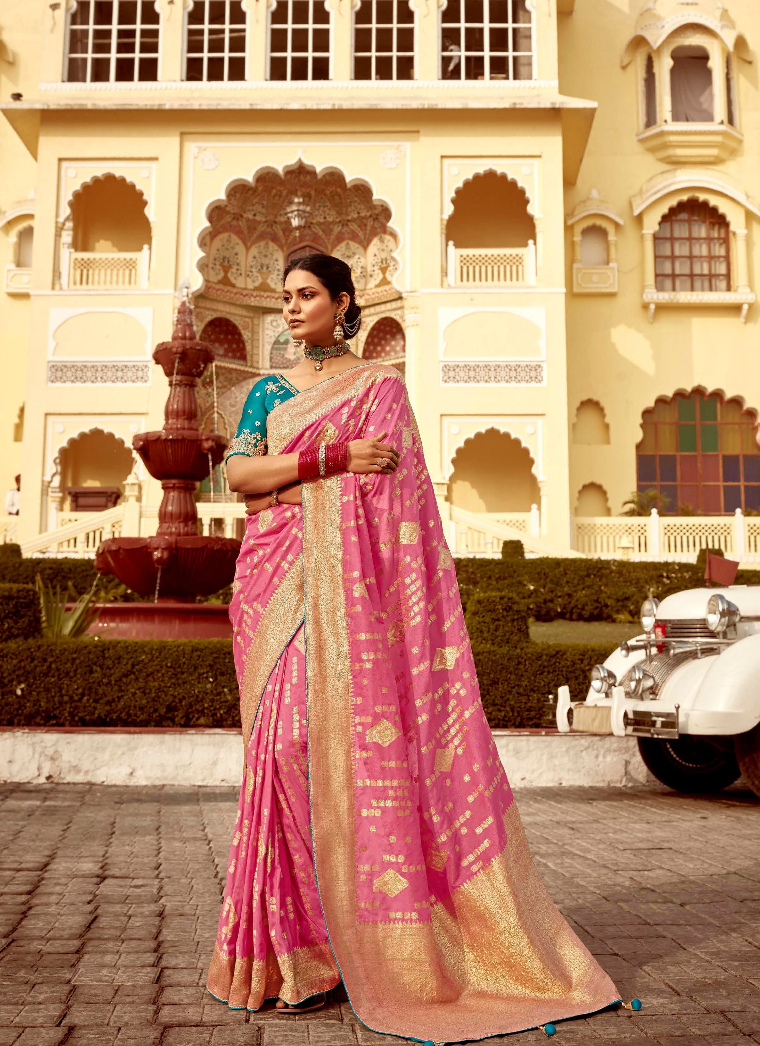 Rose Pink Pure Dola Silk Festival Wear Saree