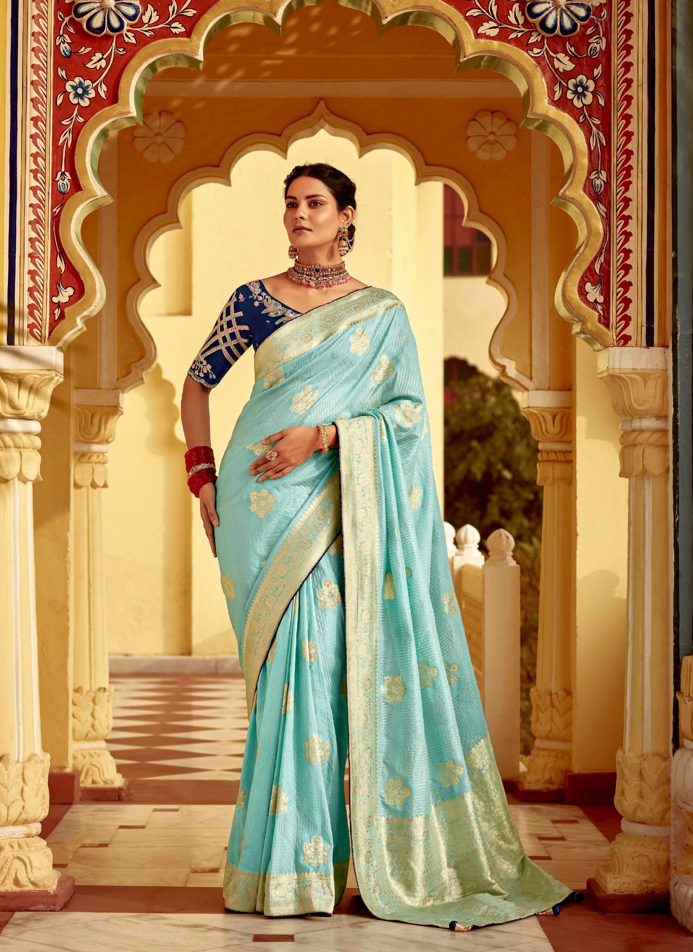 Aruba Blue Pure Dola Silk Festival Wear Saree