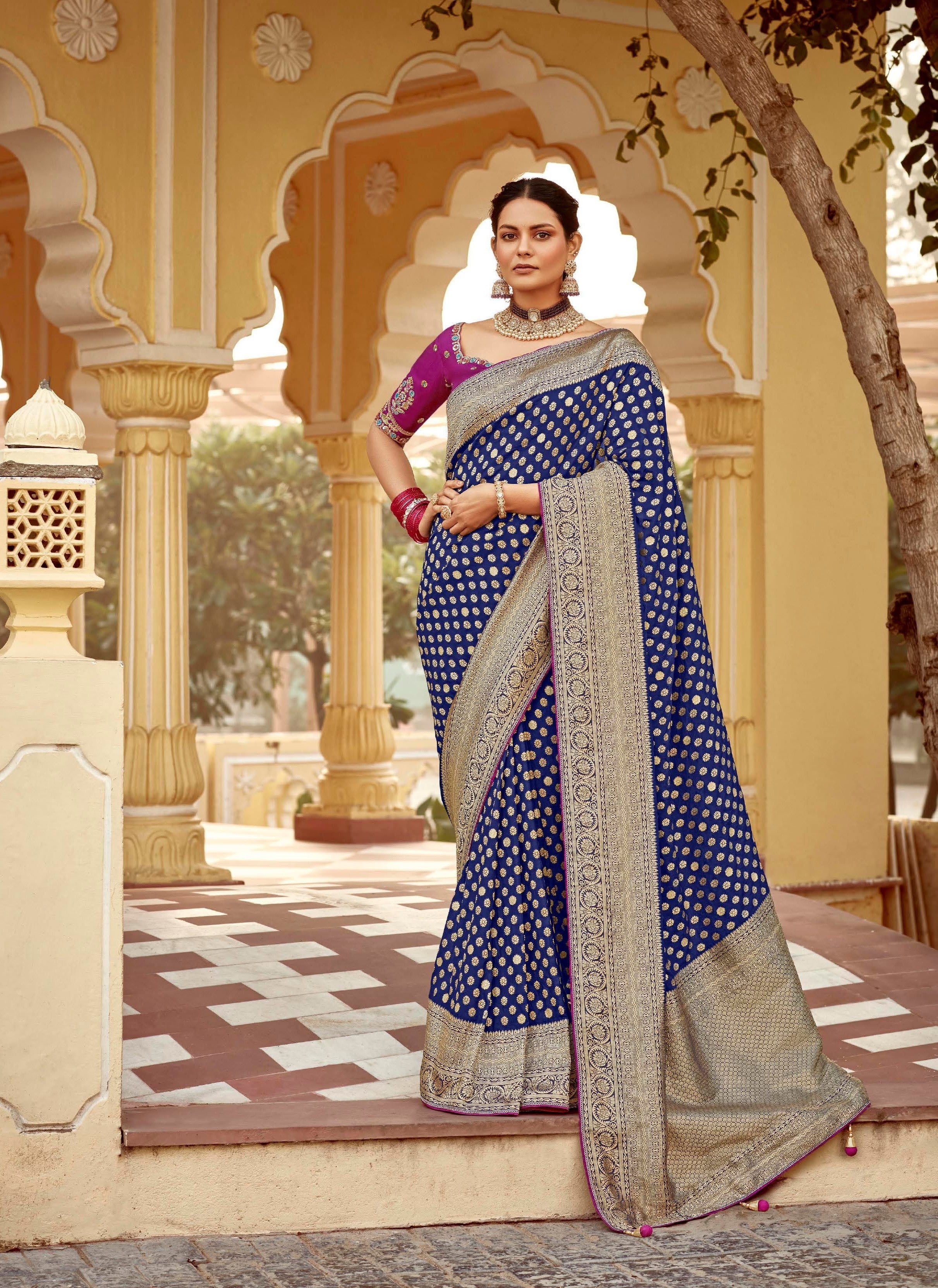Navy Blue Pure Dola Silk Festival Wear Saree