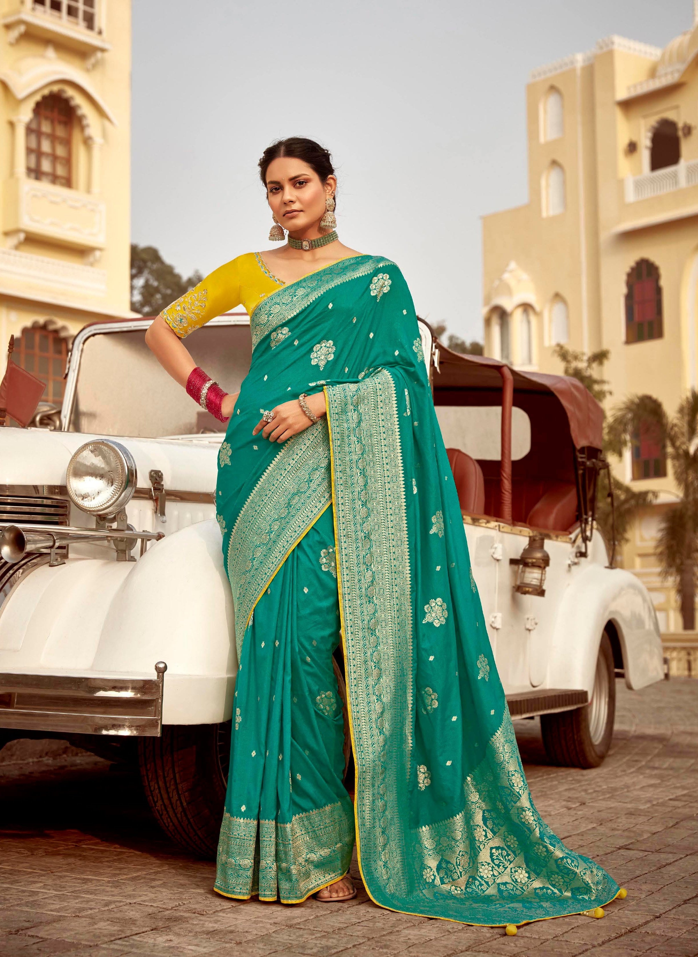 Teal Green Pure Dola Silk Festival Wear Saree