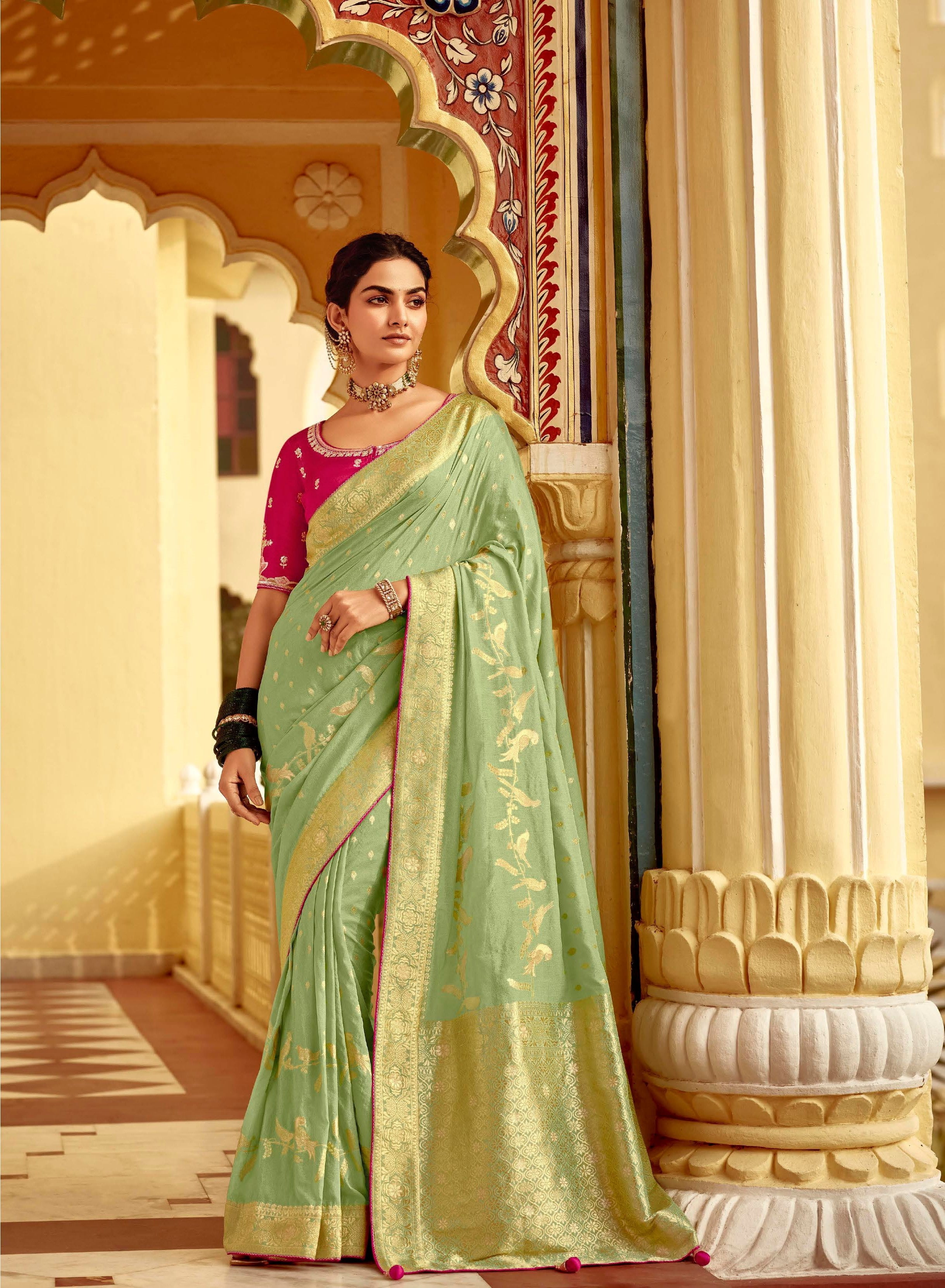 Mint Green Pure Dola Silk Festival Wear Saree