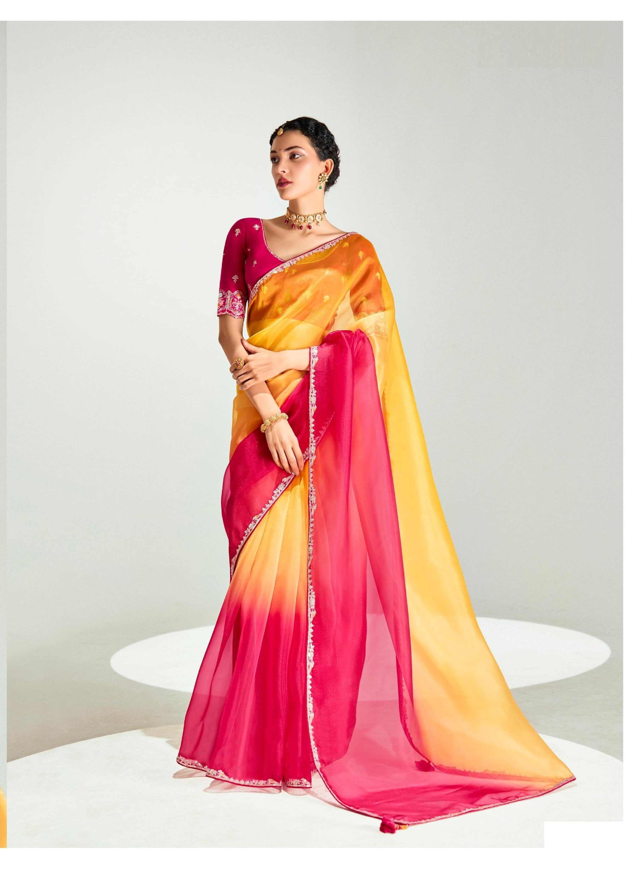 Red and Yellow Organza Tissue Festival Wear Saree