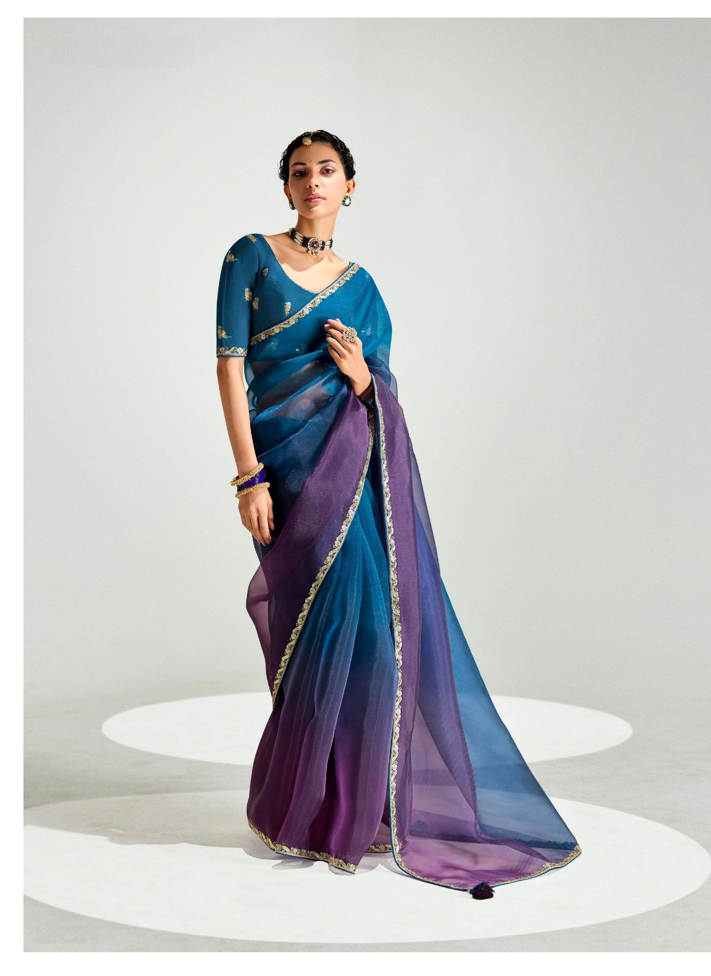 Teal Purple Ombre Organza Tissue Festival Wear Saree