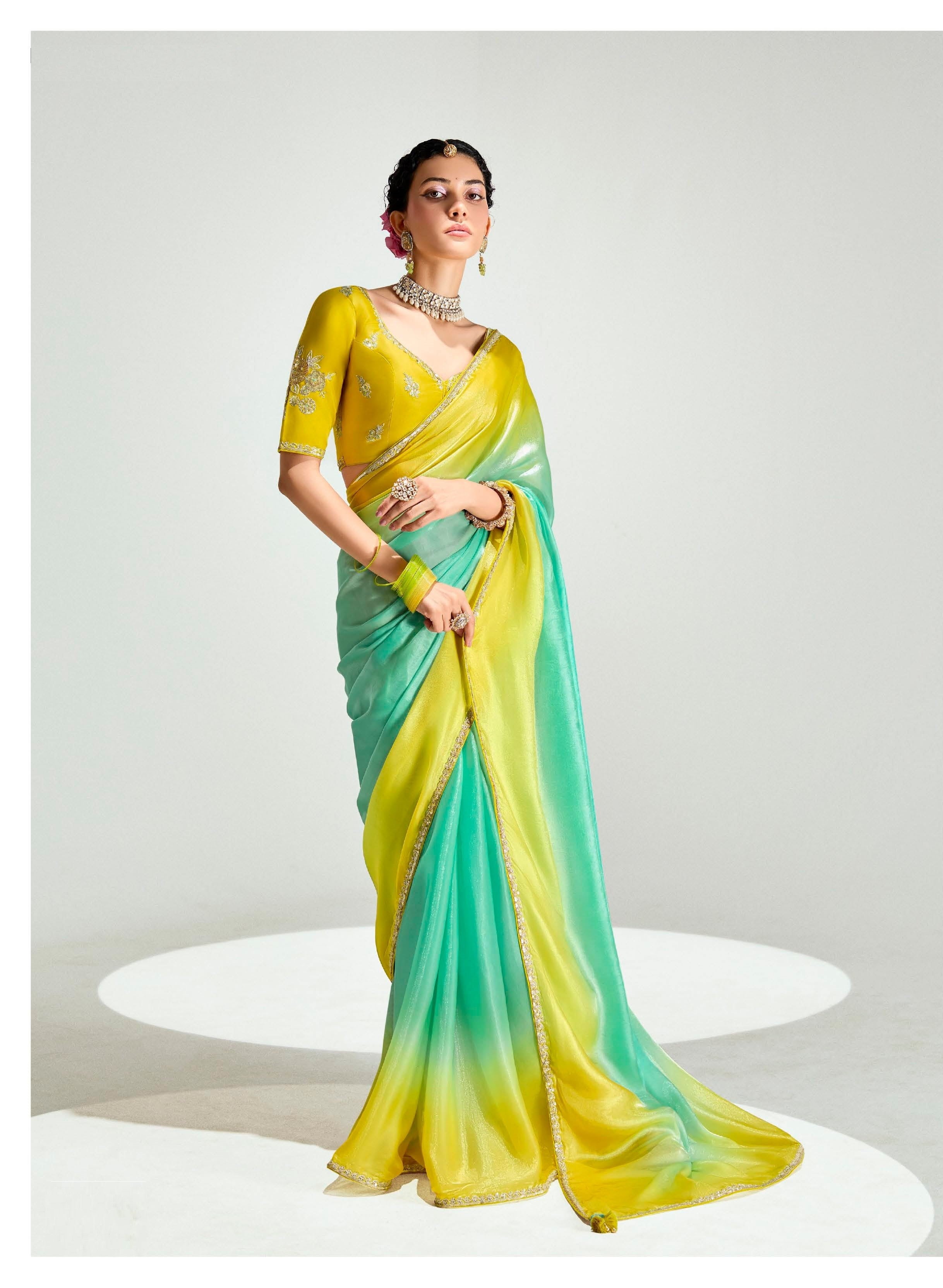 Yellow And Green Organza Tissue Festival Wear Saree