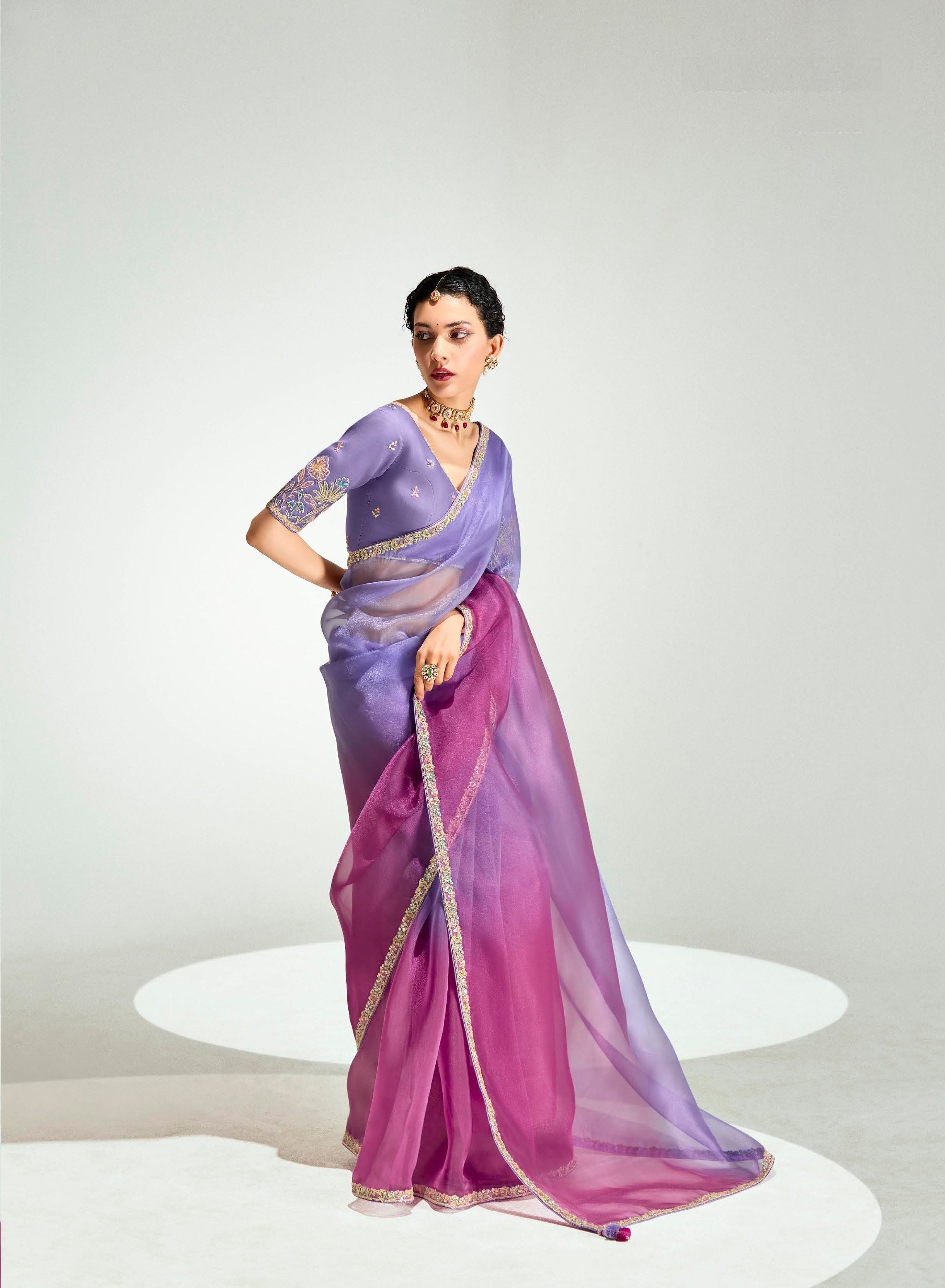 Ombre Purple And Magenta Organza Tissue Festival Wear Saree