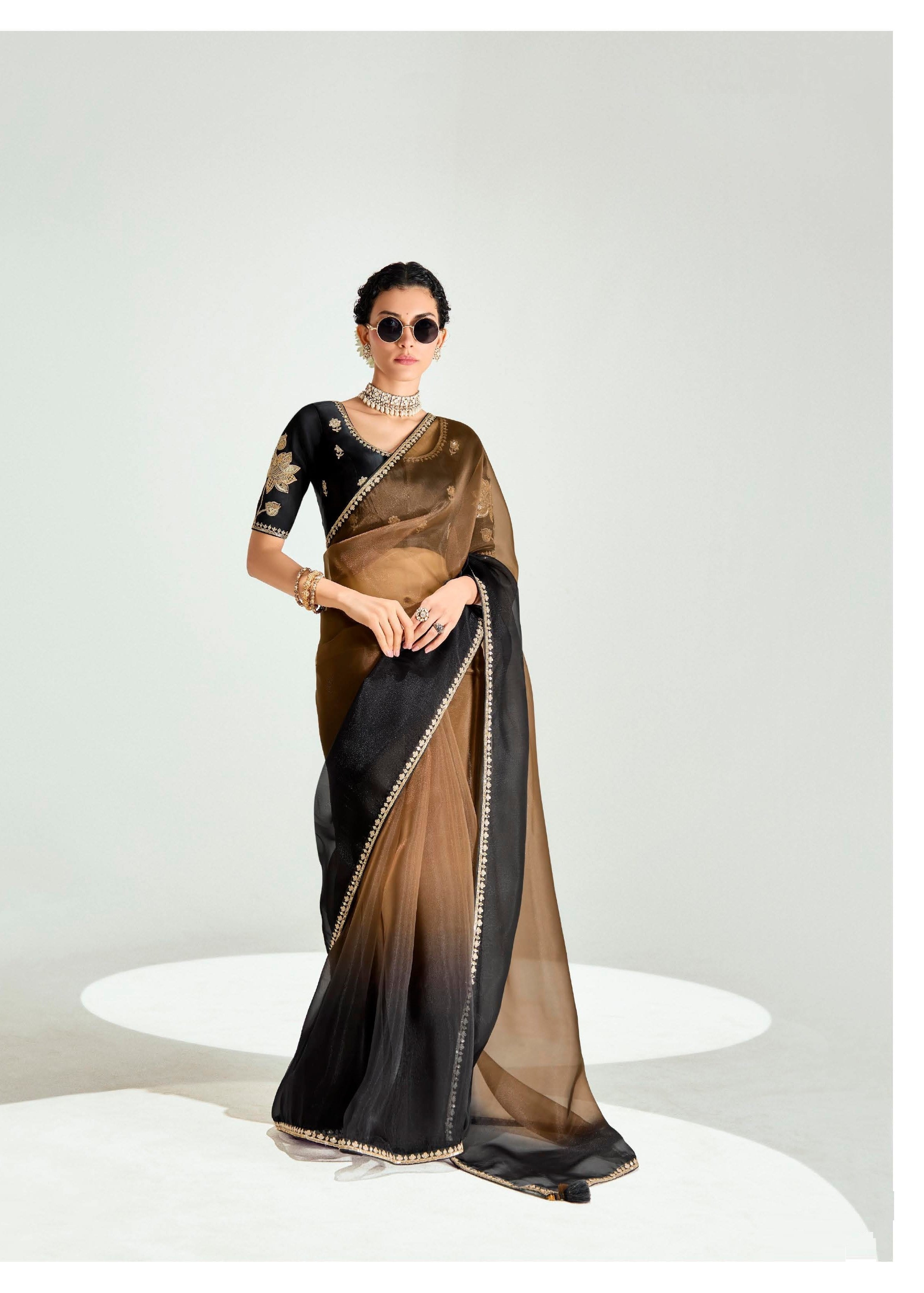 Ombre Black And Brown Organza Tissue Festival Wear Saree