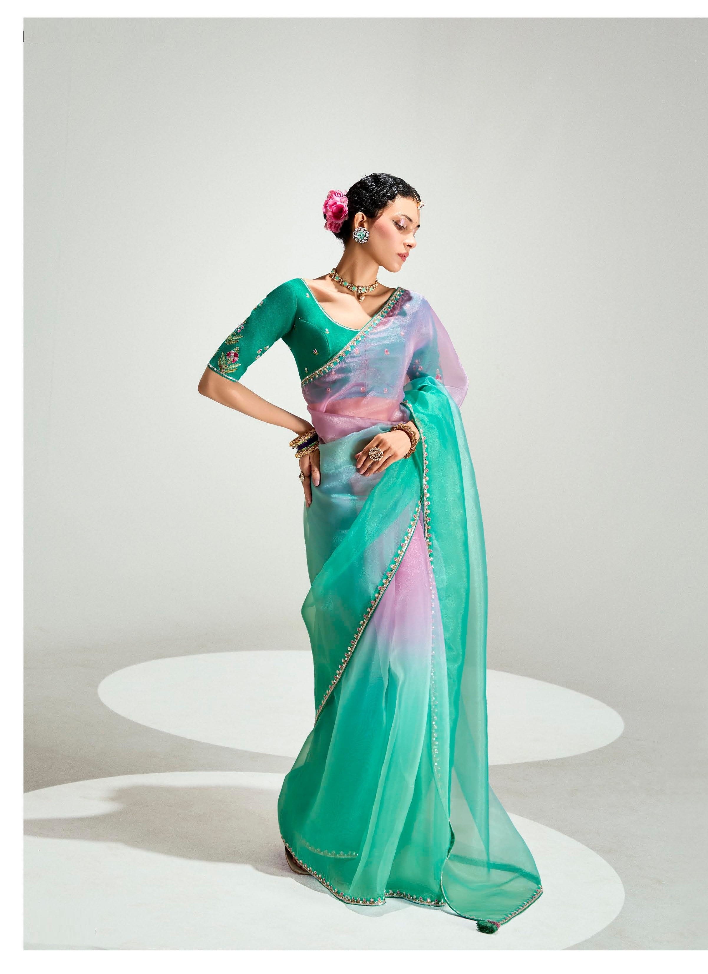 Sea Green Organza Tissue Festival Wear Saree