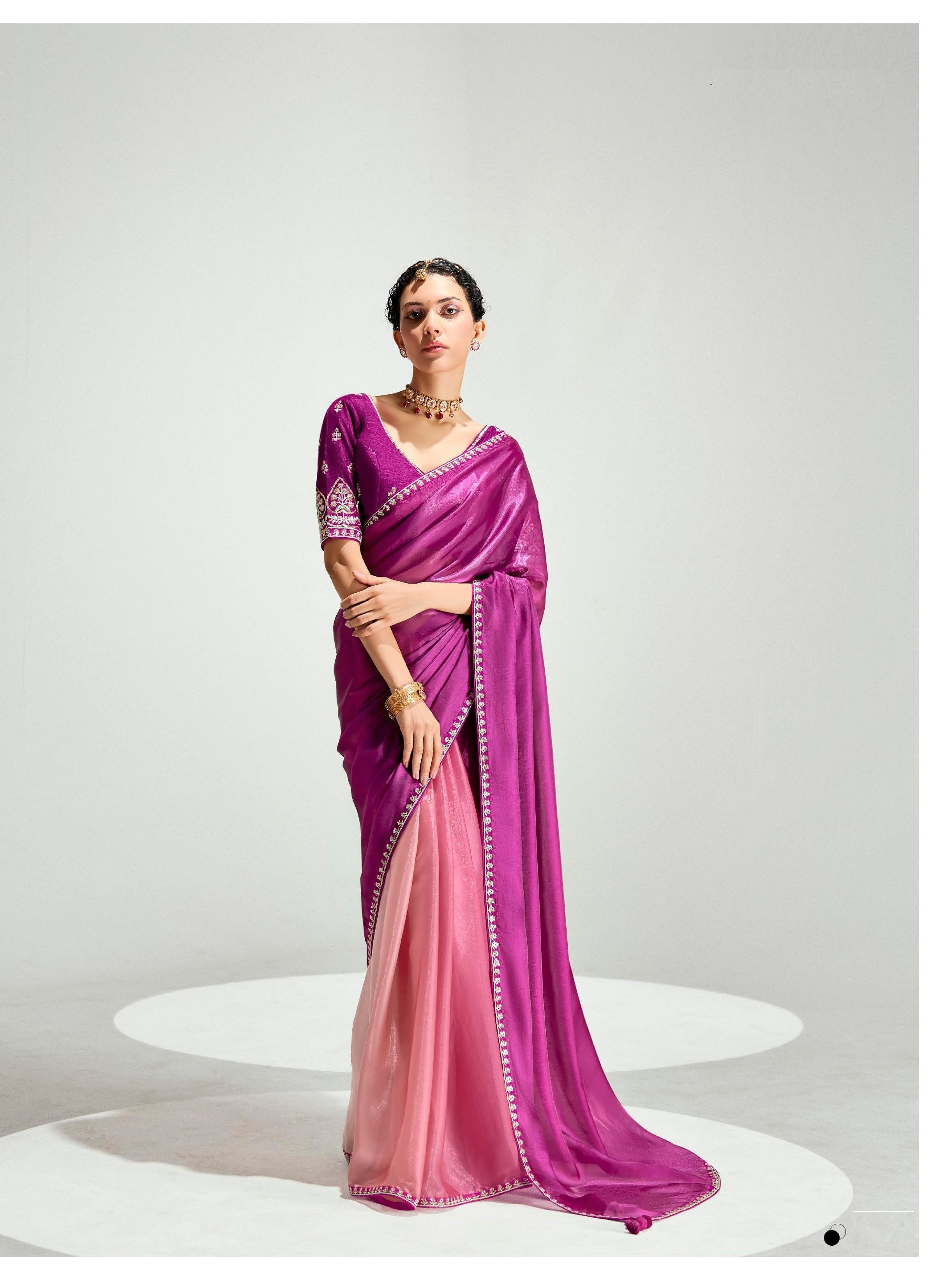 Magenta And Pink Organza Tissue Festival Wear Saree