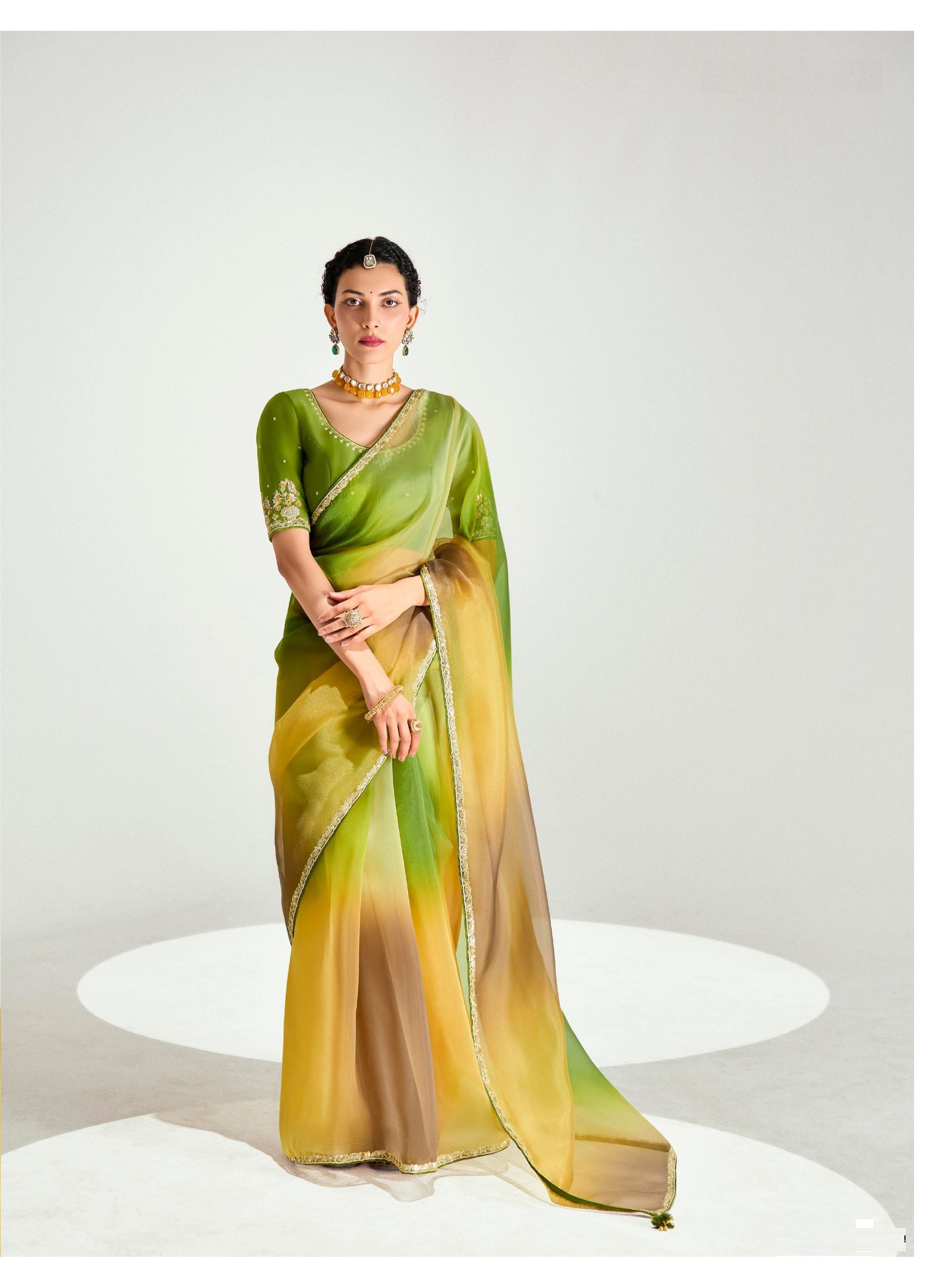 Green And Yellow Organza Tissue Festival Wear Saree