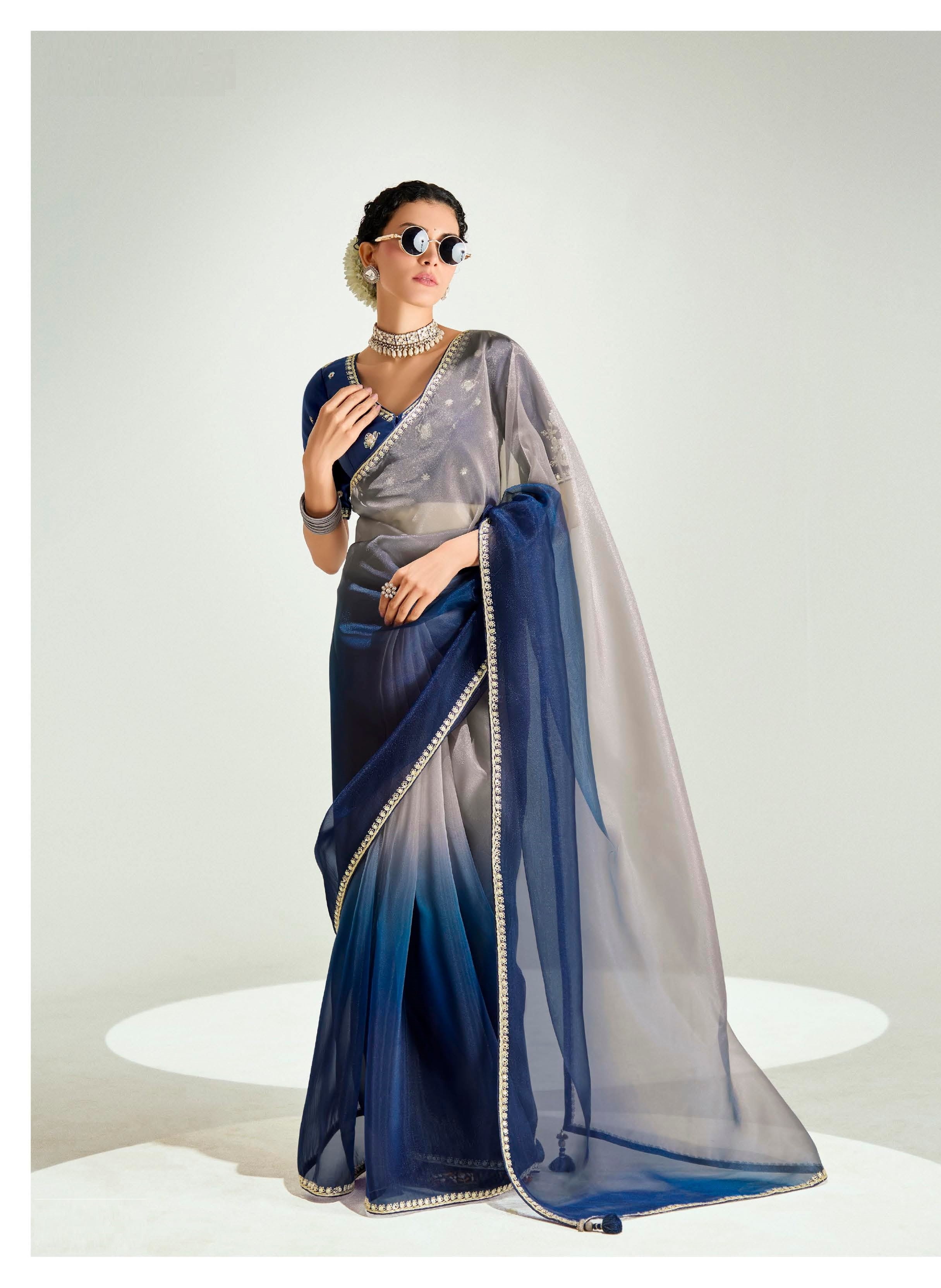 Blue And Grey Organza Tissue Festival Wear Saree