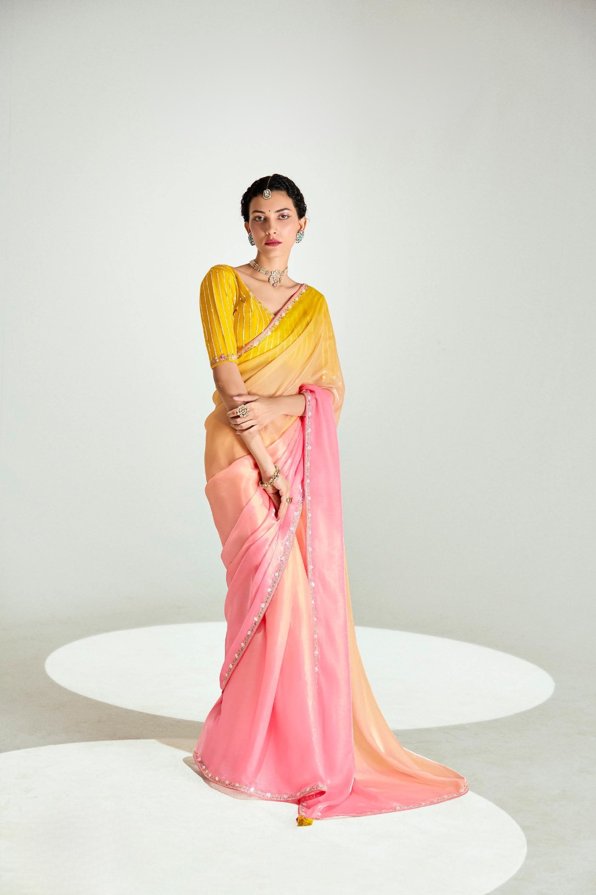 Peach And Pink Organza Tissue Festival Wear Saree