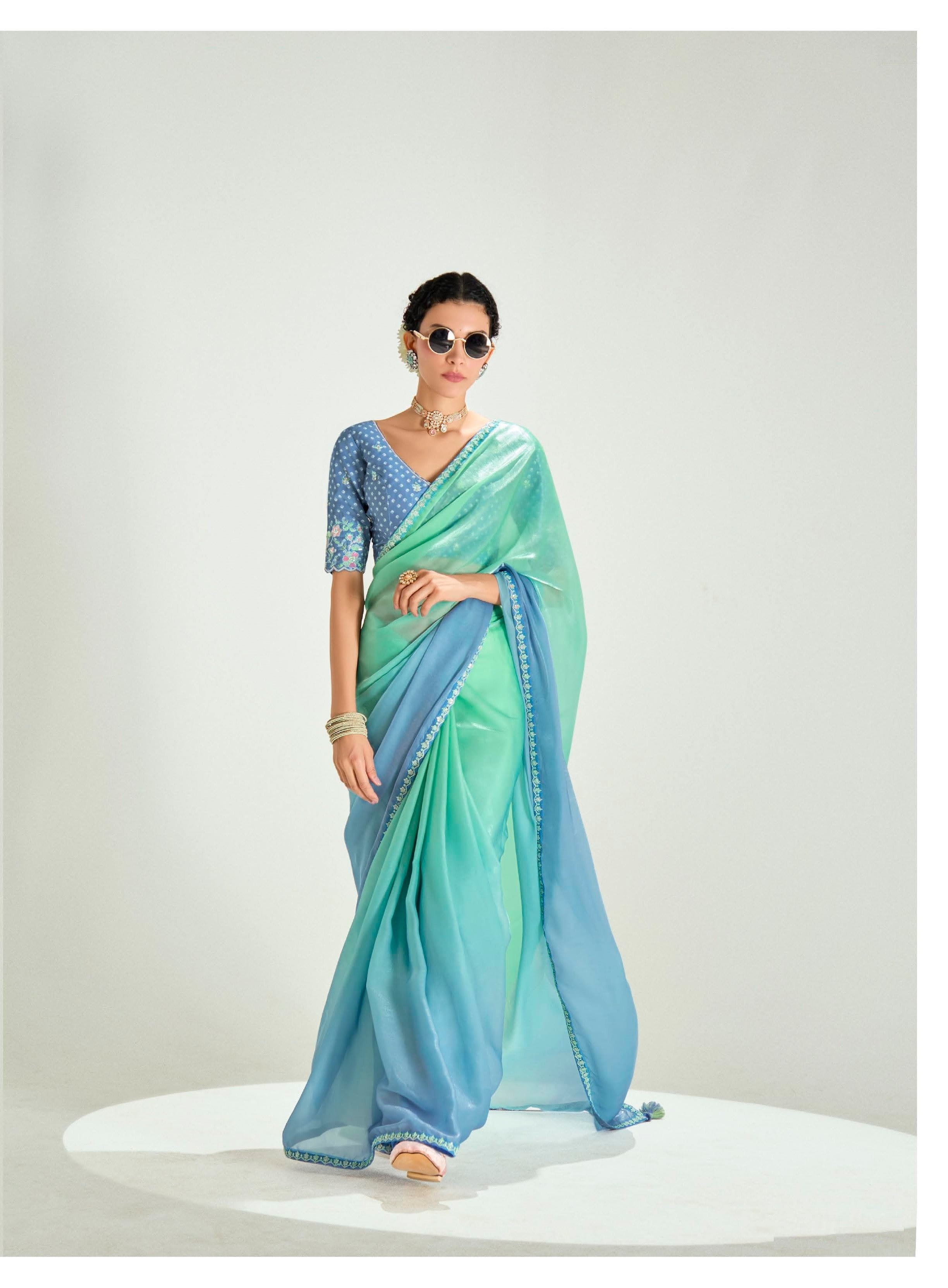 Sea Green And Blue Organza Tissue Festival Wear Saree