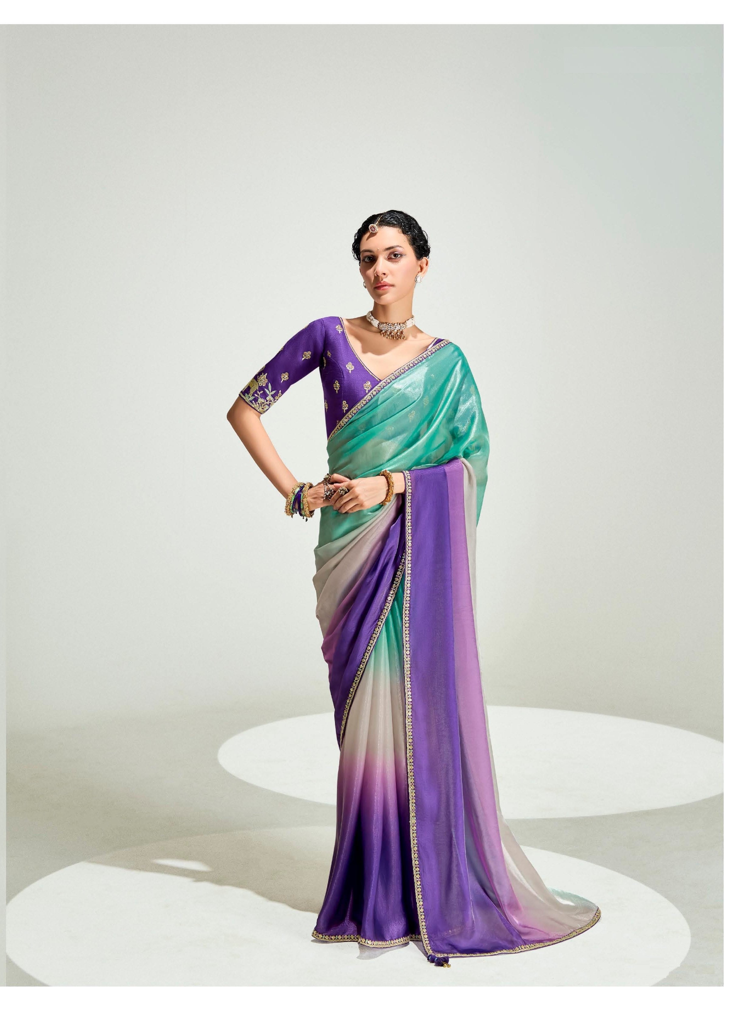 Purple Green Organza Tissue Festival Wear Saree