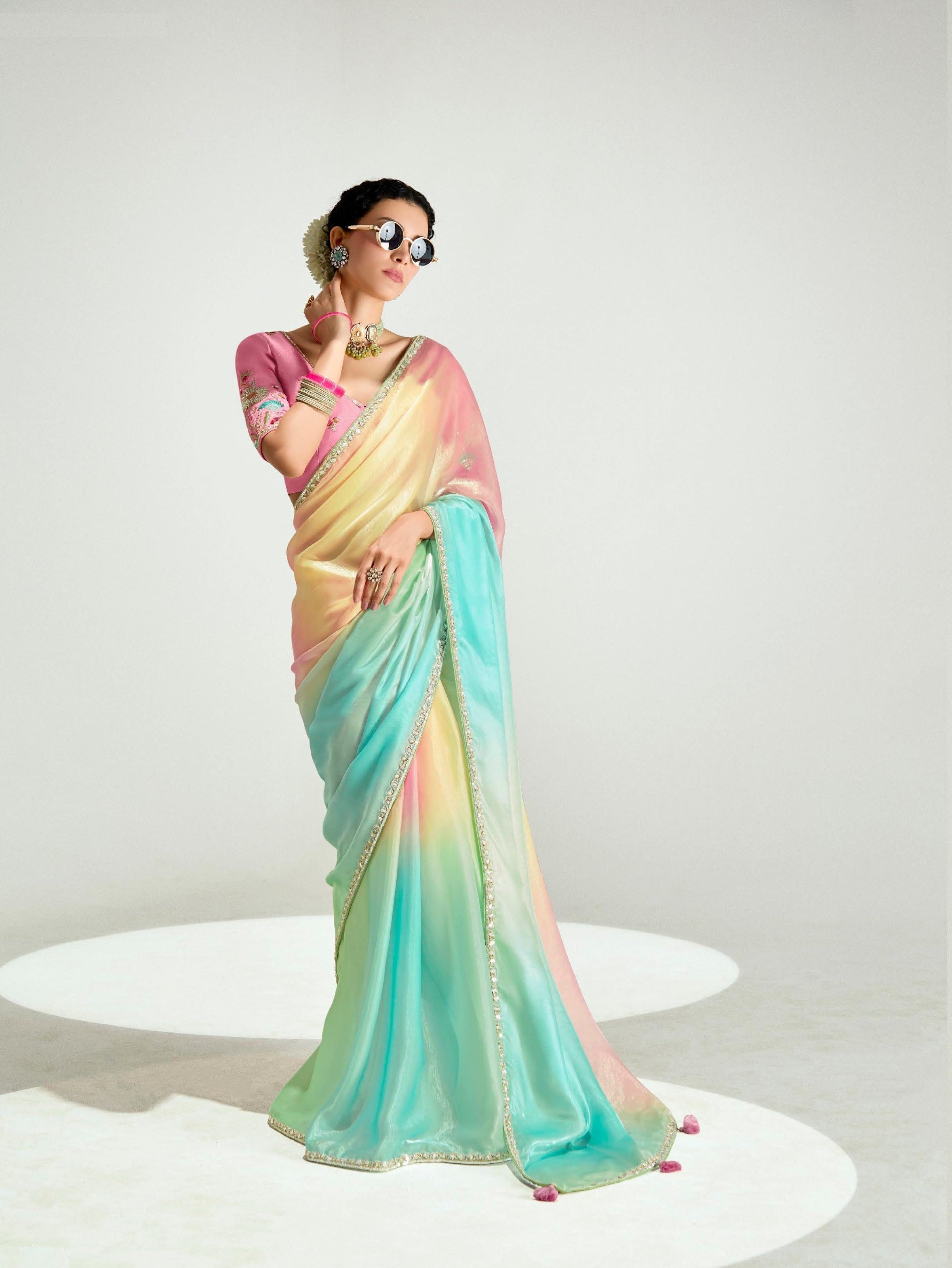 Pink Multicolor Organza Tissue Festival Wear Saree