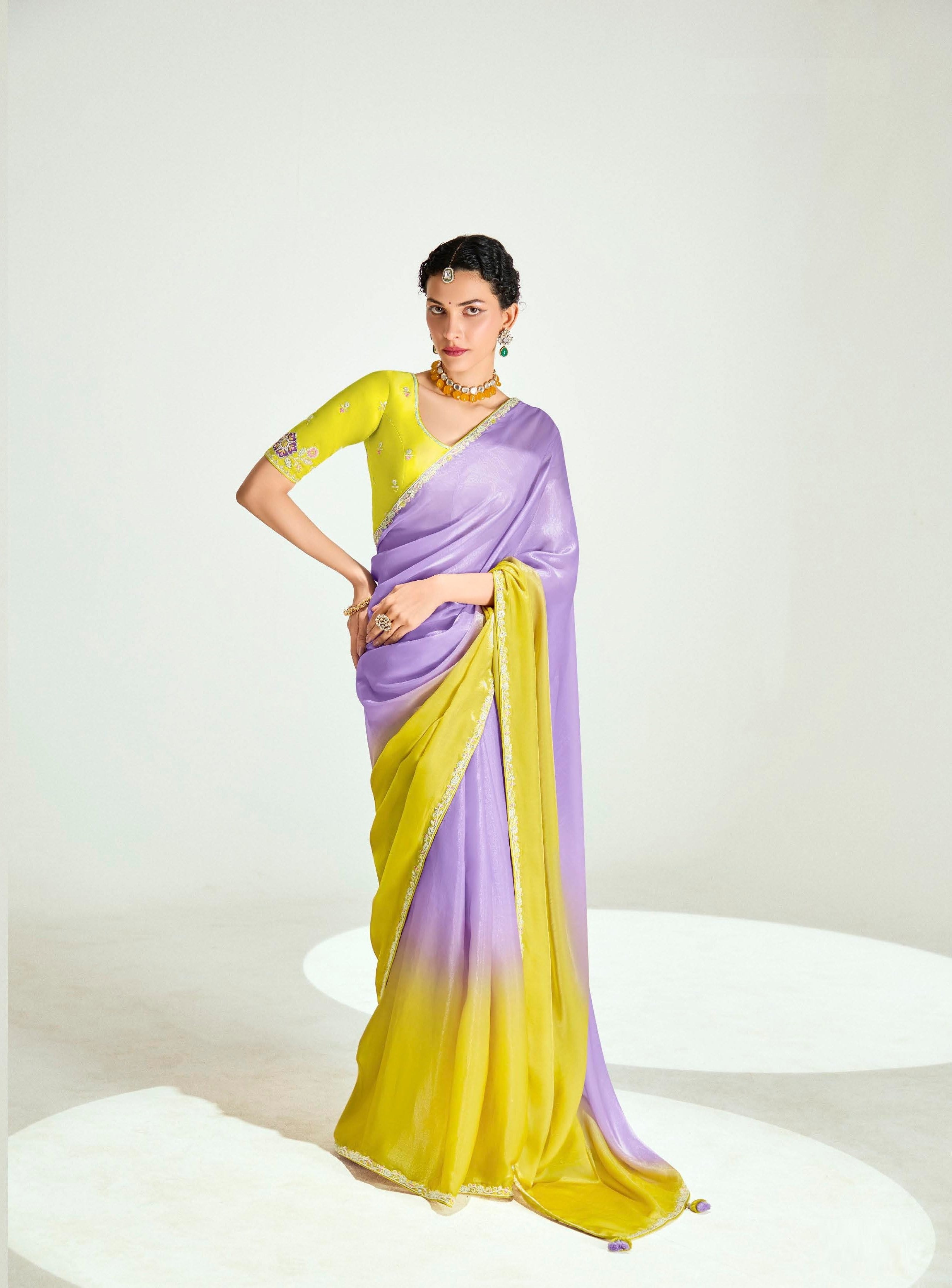 Purple And Yellow Organza Tissue Festival Wear Saree