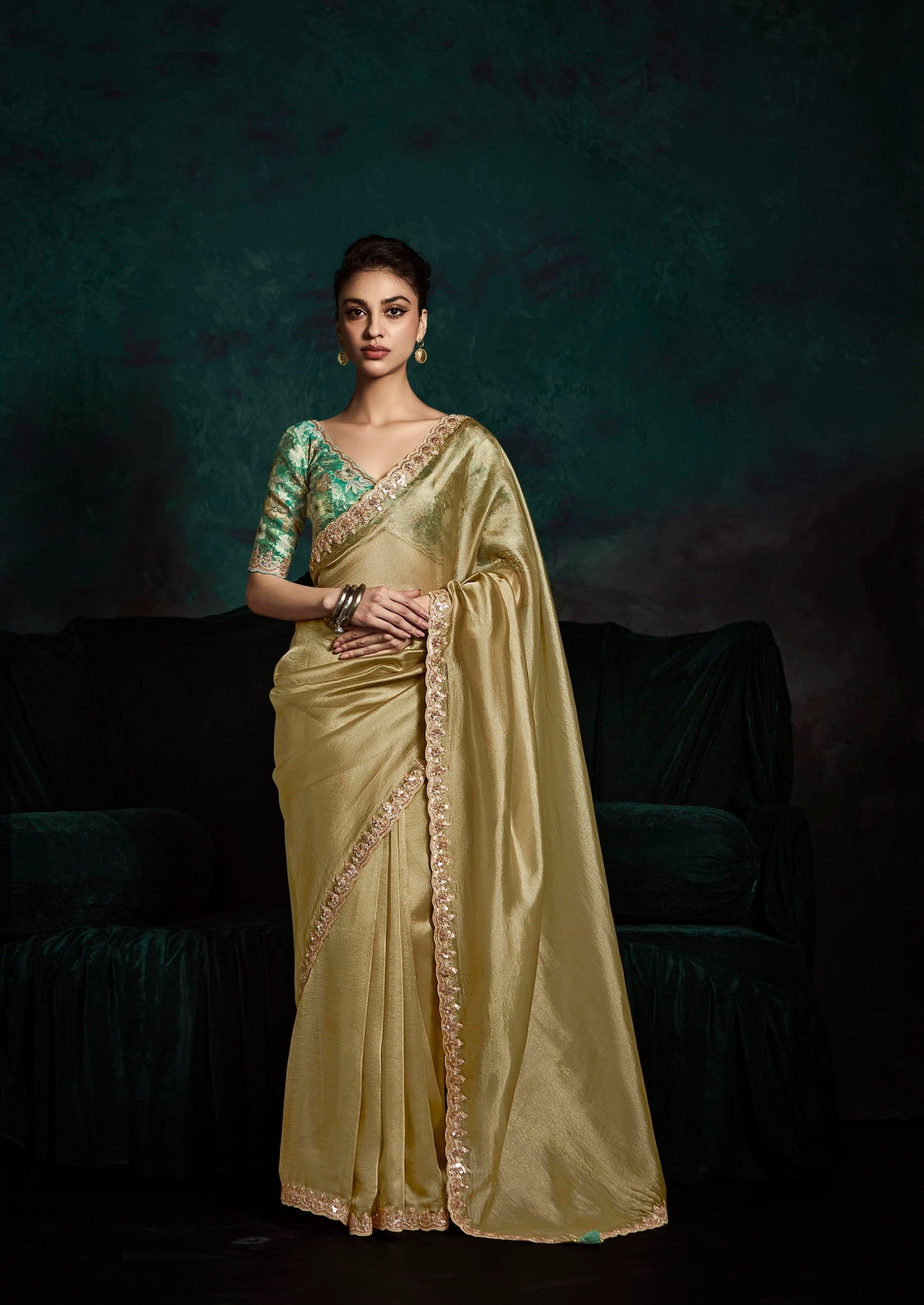 Golden Beige Glass Tissue Organza Festival Wear Saree