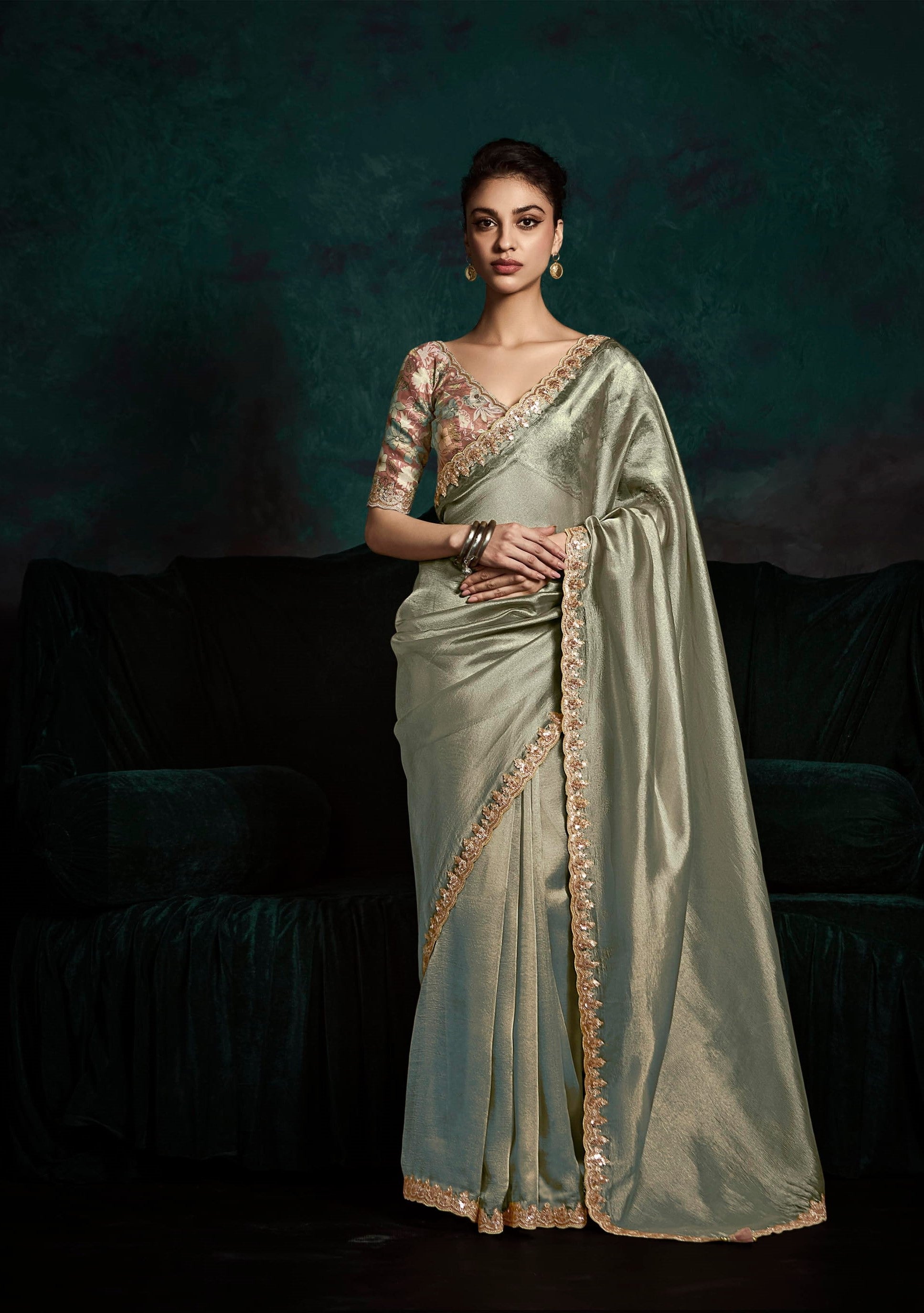 Sage Green Glass Tissue Organza Festival Wear Saree