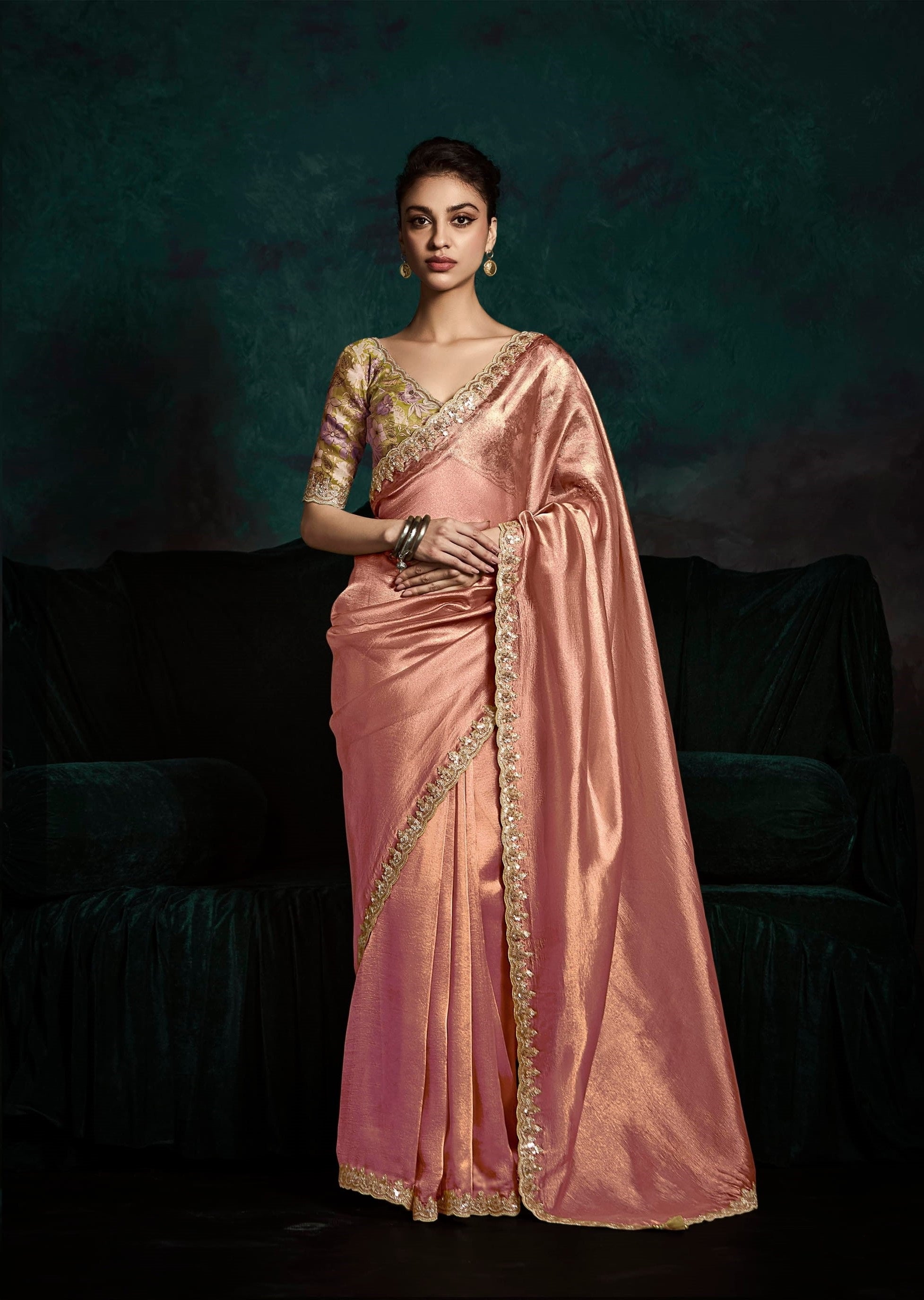 Golden Peach Glass Tissue Organza Festival Wear Saree