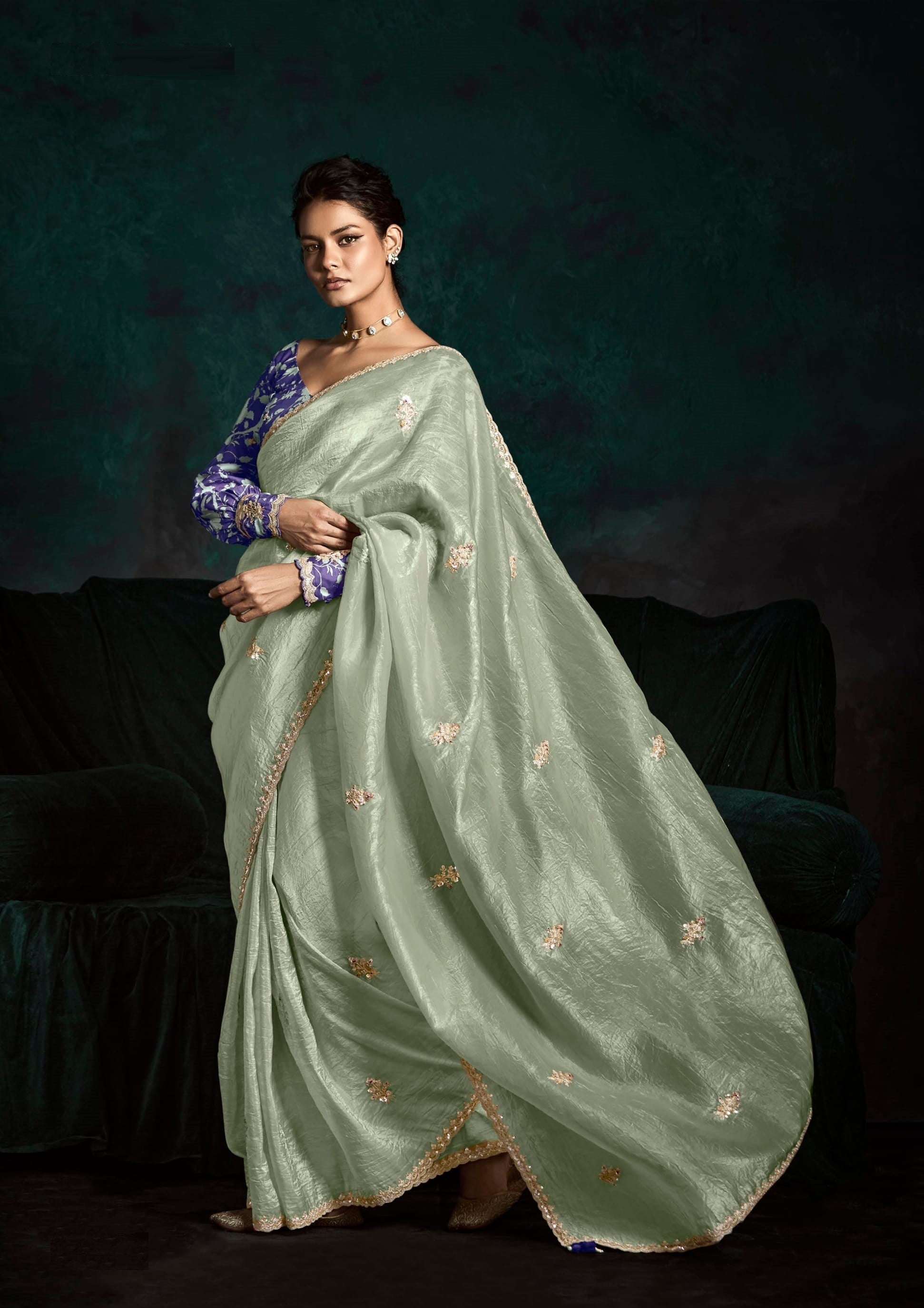 Mint Green Glass Tissue Organza Festival Wear Saree