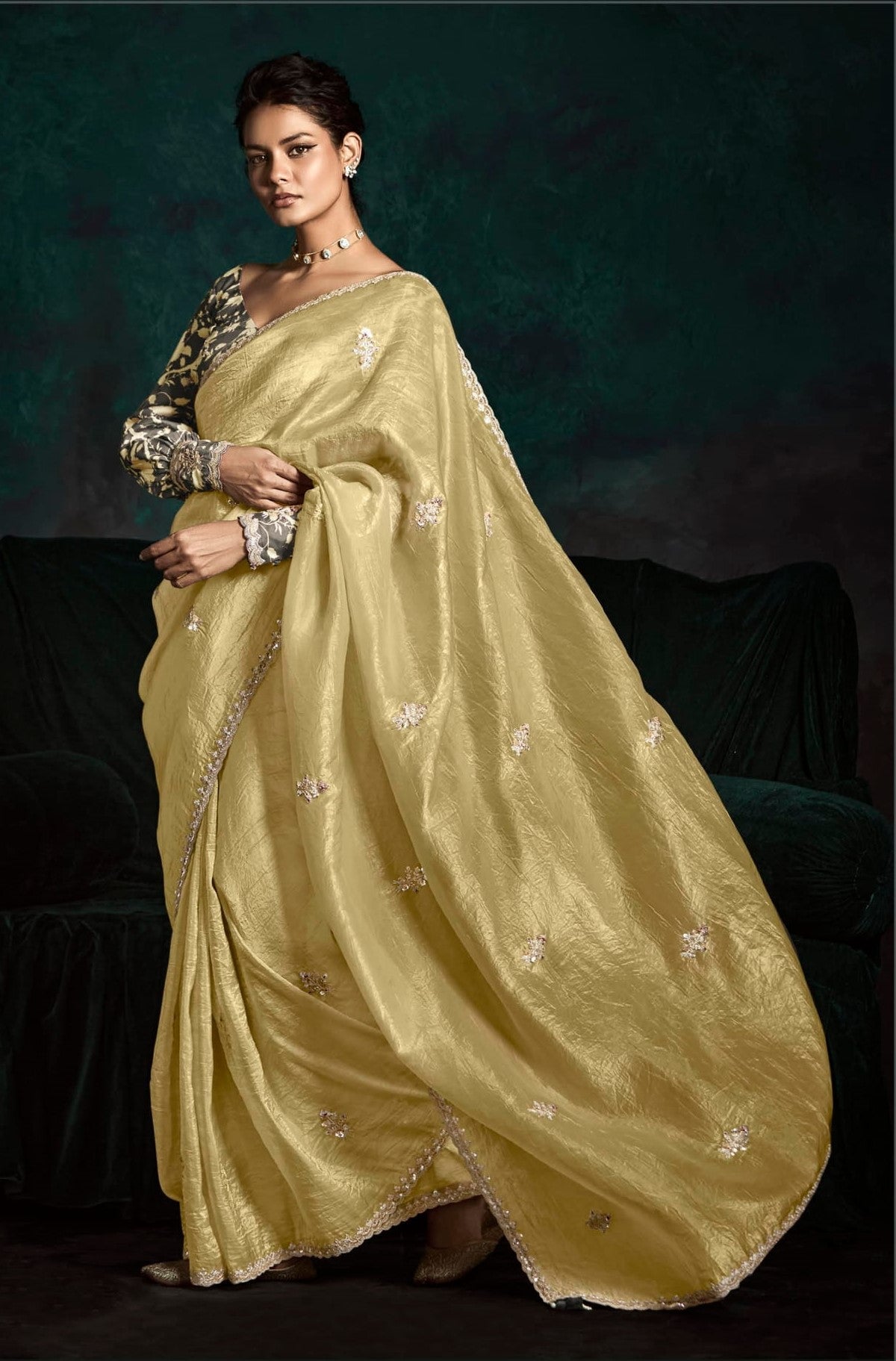Bronze Yellow Glass Tissue Organza Festival Wear Saree