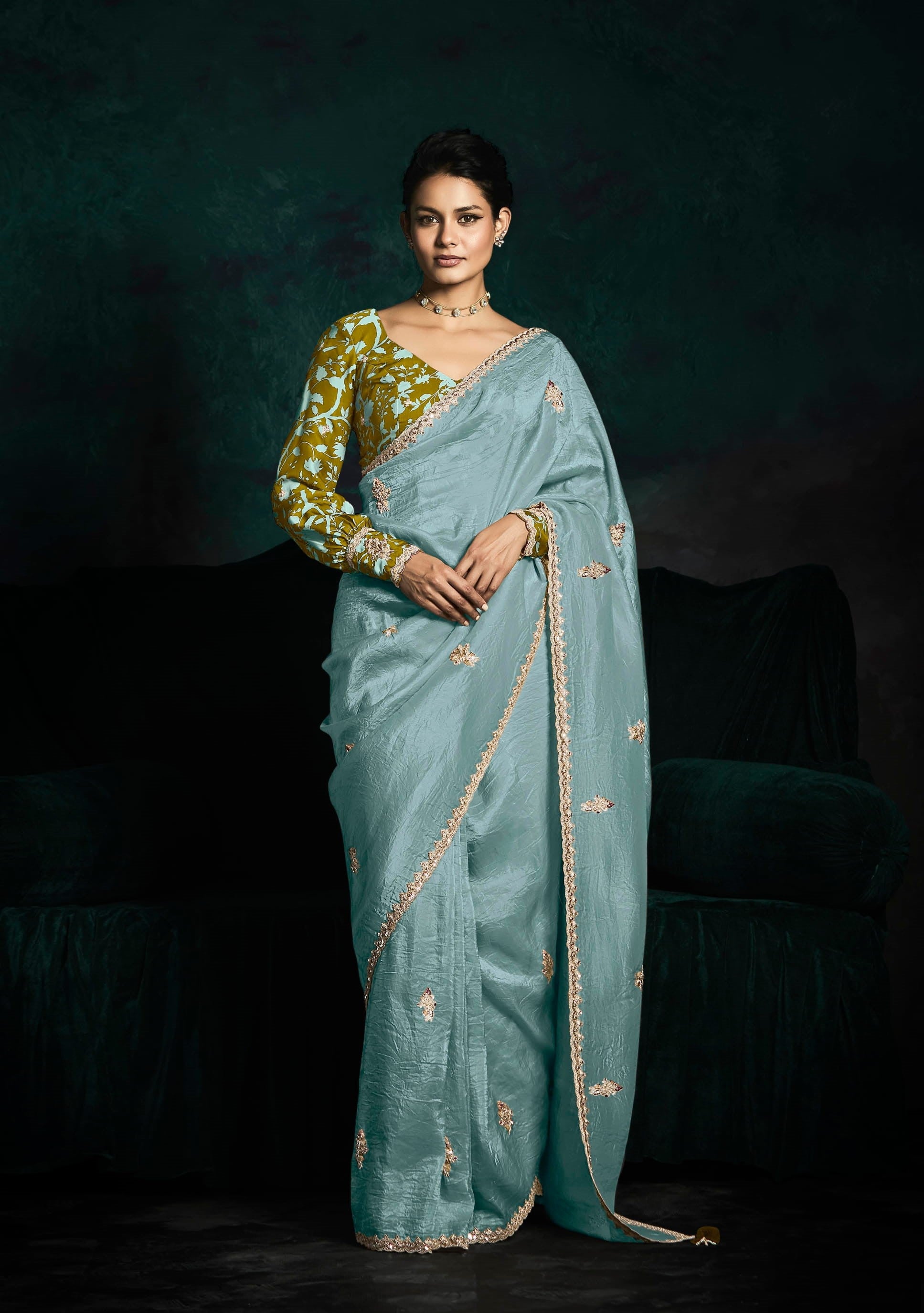Sky Blue Glass Tissue Organza Festival Wear Saree