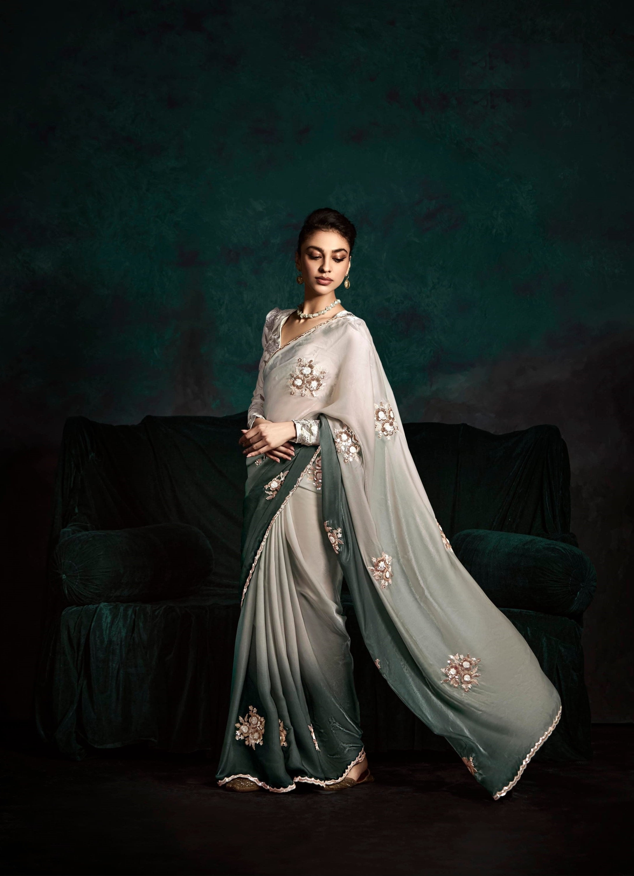 Grey Glass Tissue Organza Festival Wear Saree