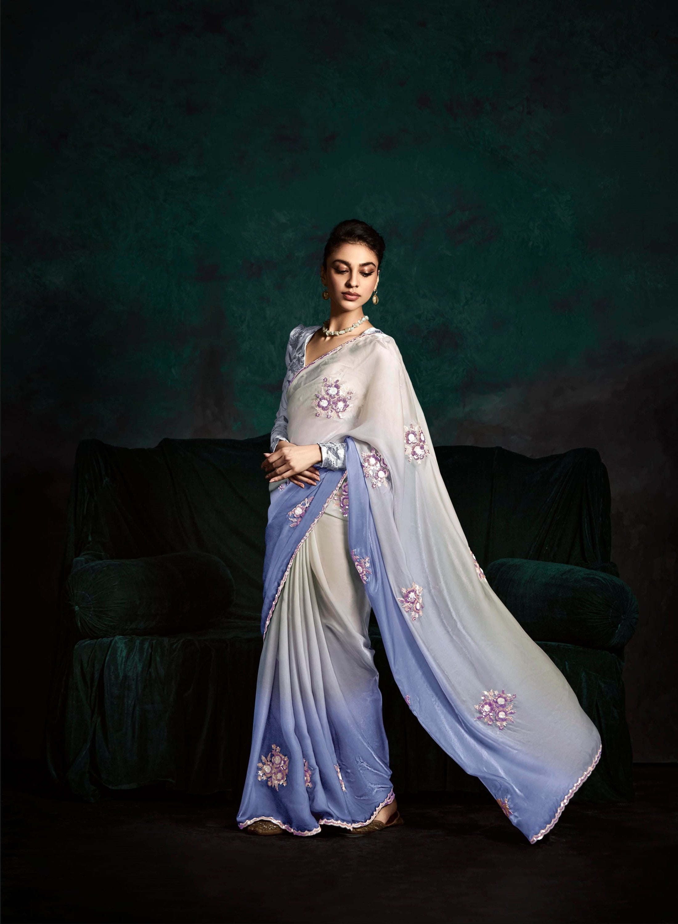 Ombre Blue Glass Tissue Organza Festival Wear Saree