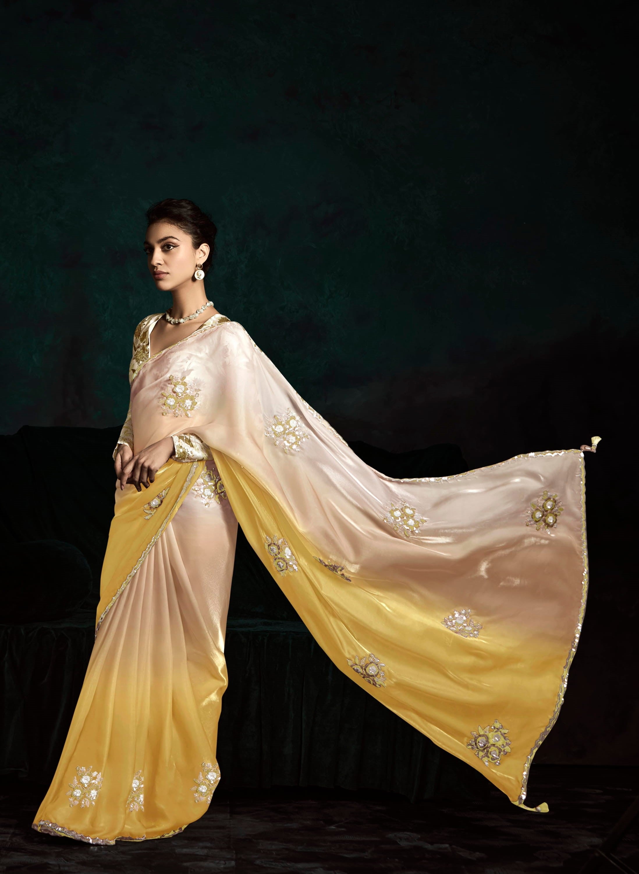 Ombre Yellow Glass Tissue Organza Festival Wear Saree