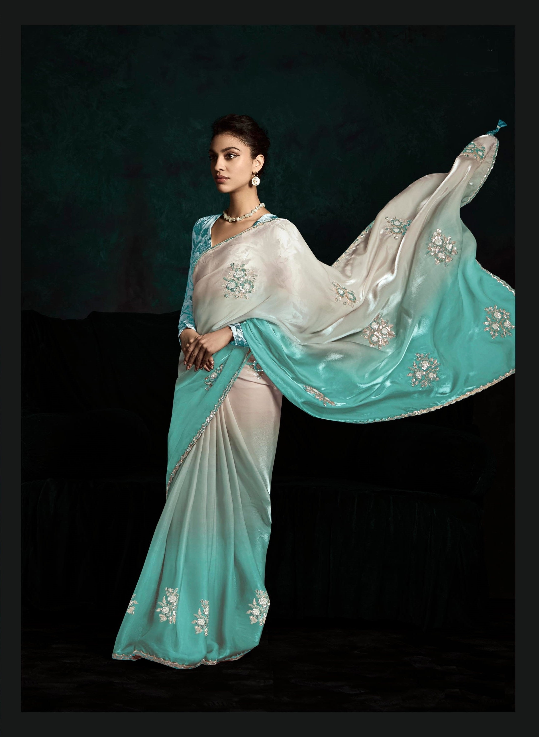Aqua Blue Grey Glass Tissue Organza Festival Wear Saree