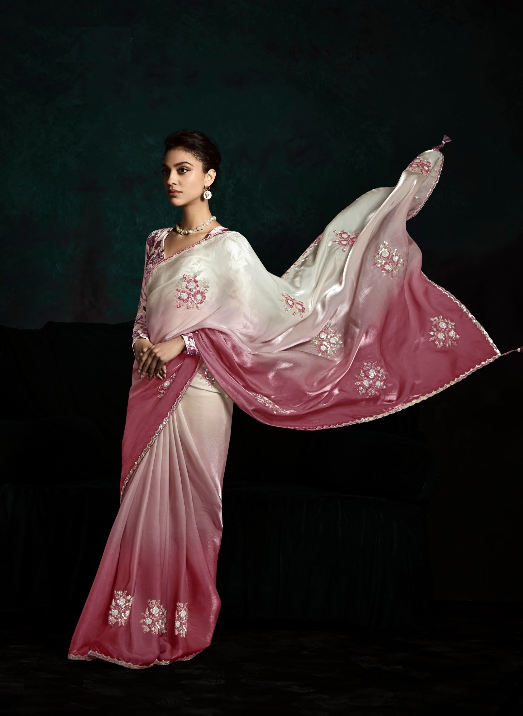 Pink Cream Glass Tissue Organza Festival Wear Saree