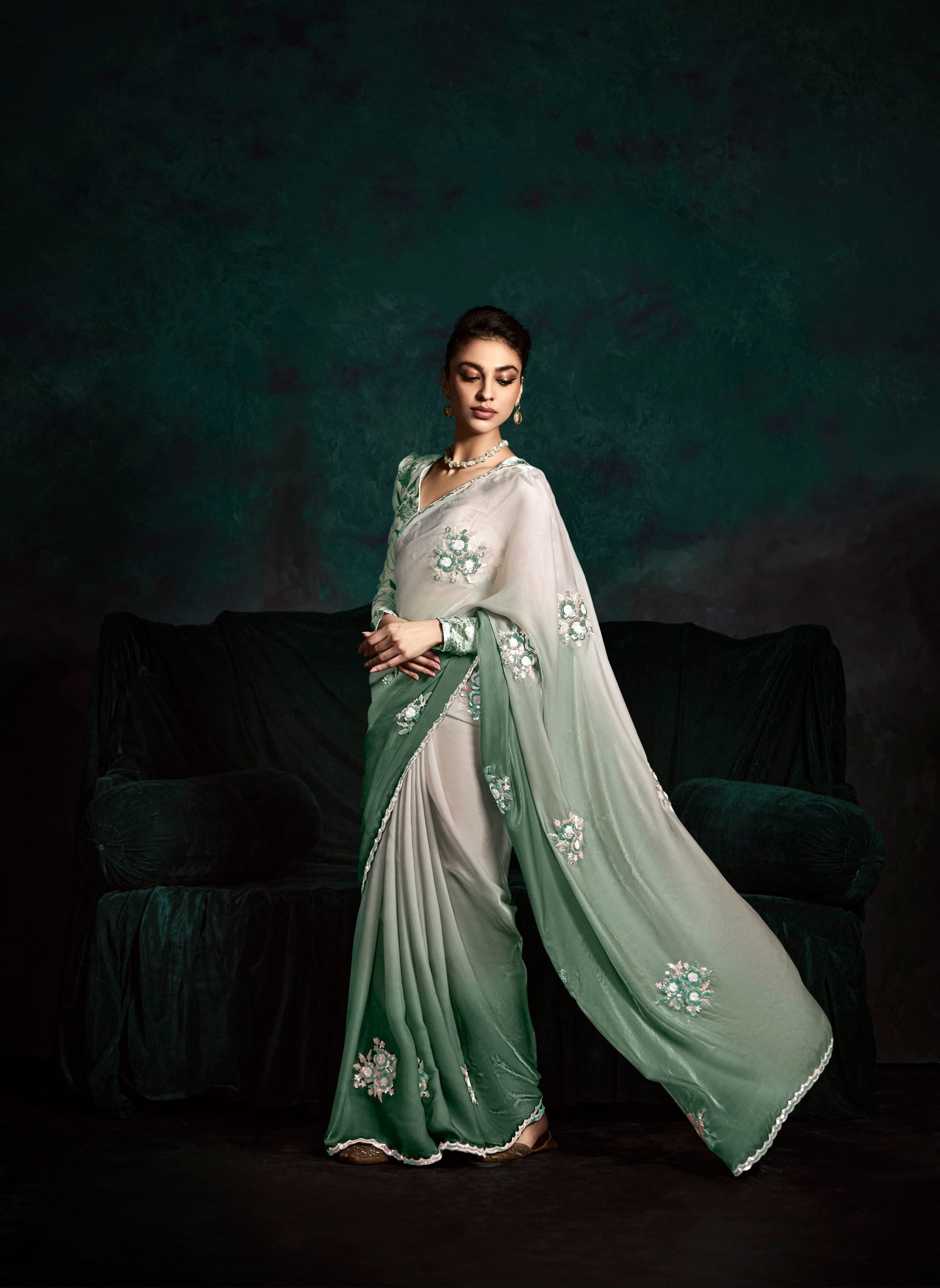 Ombre Jade Green Glass Tissue Organza Festival Wear Saree