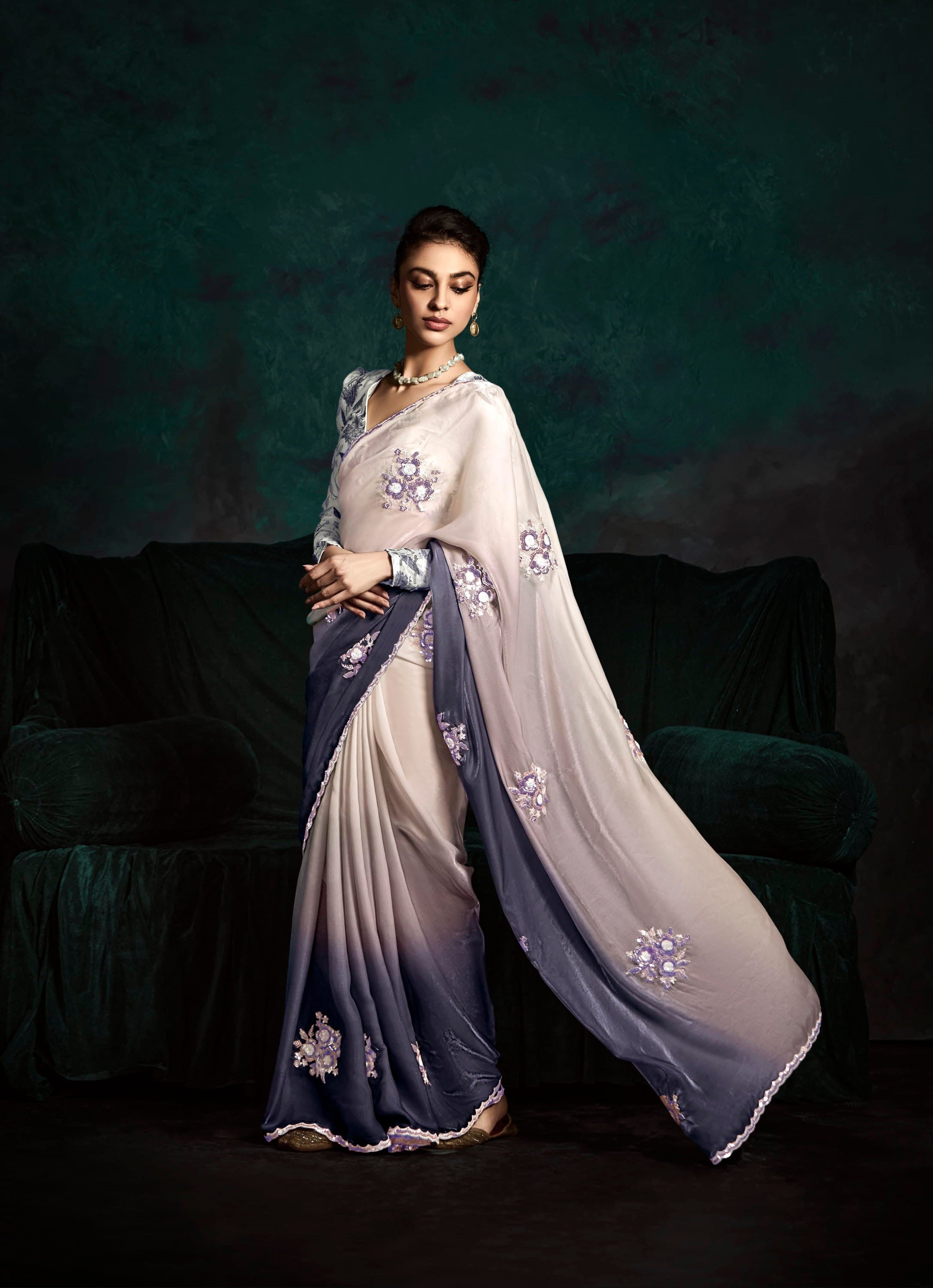 Cream And Violet Glass Tissue Organza Festival Wear Saree