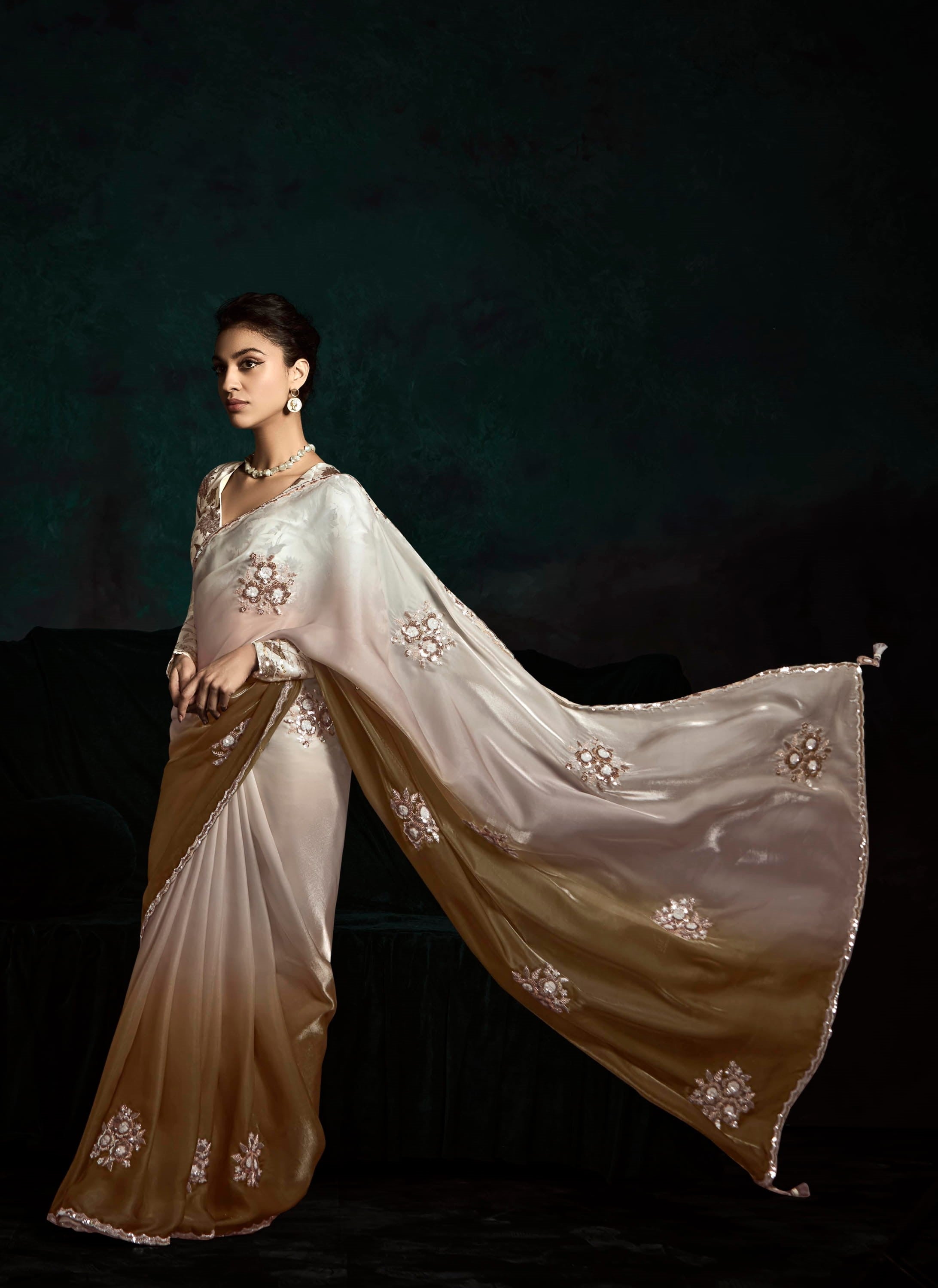 Golden Brown Glass Tissue Organza Festival Wear Saree