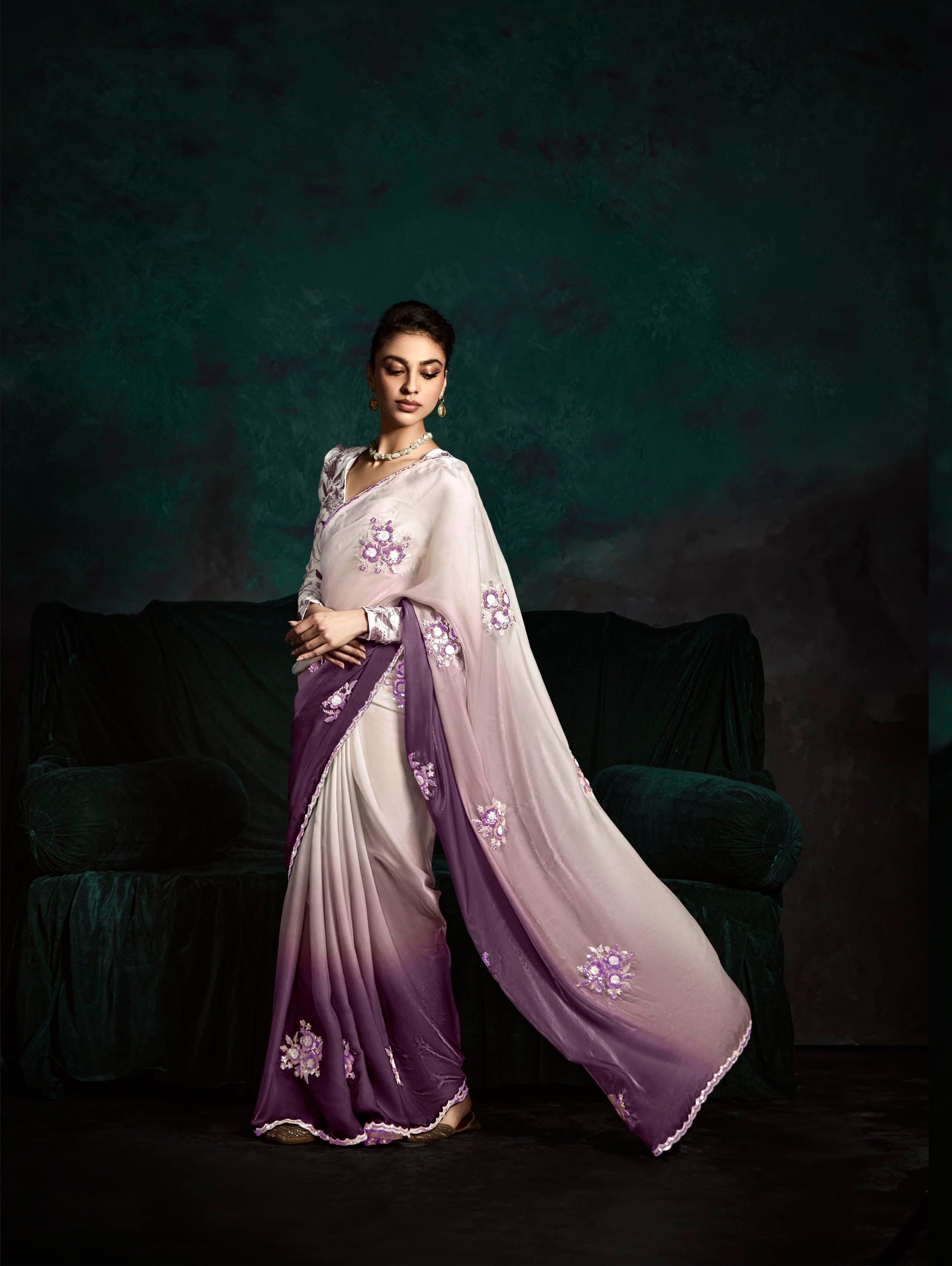 Purple Cream Glass Tissue Organza Festival Wear Saree