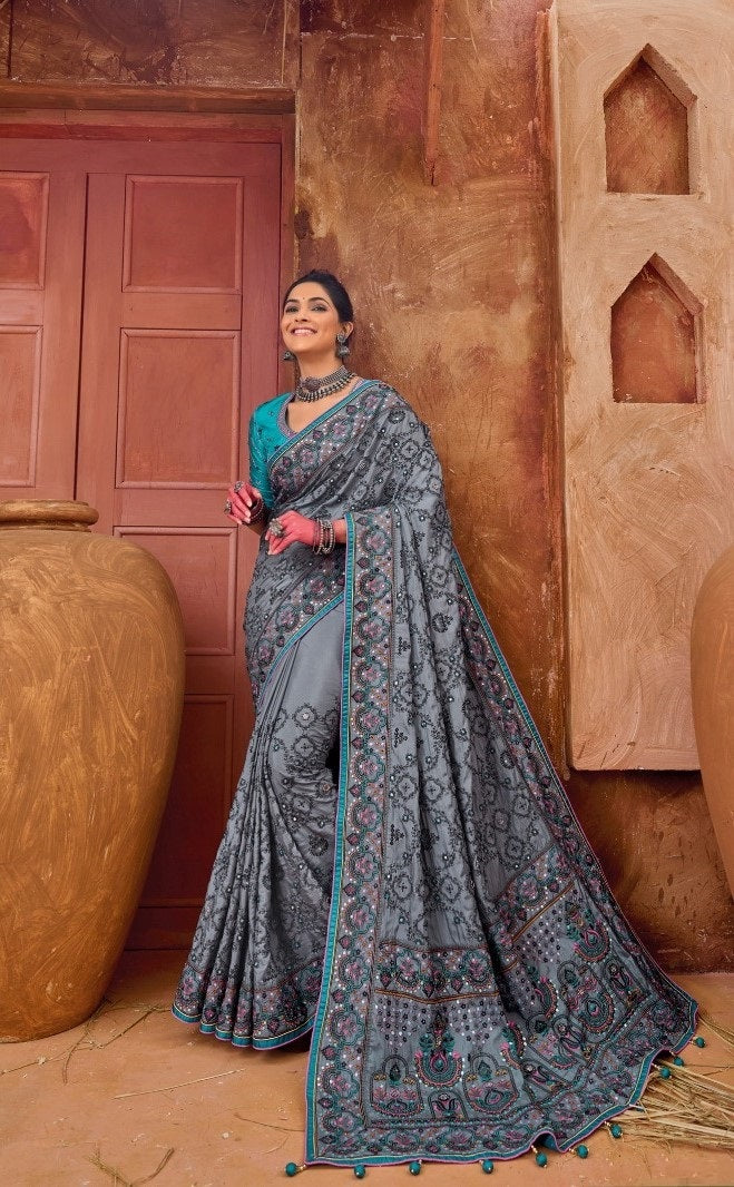 Dark Grey Banaras Silk Kachhi Work Party Wear Saree