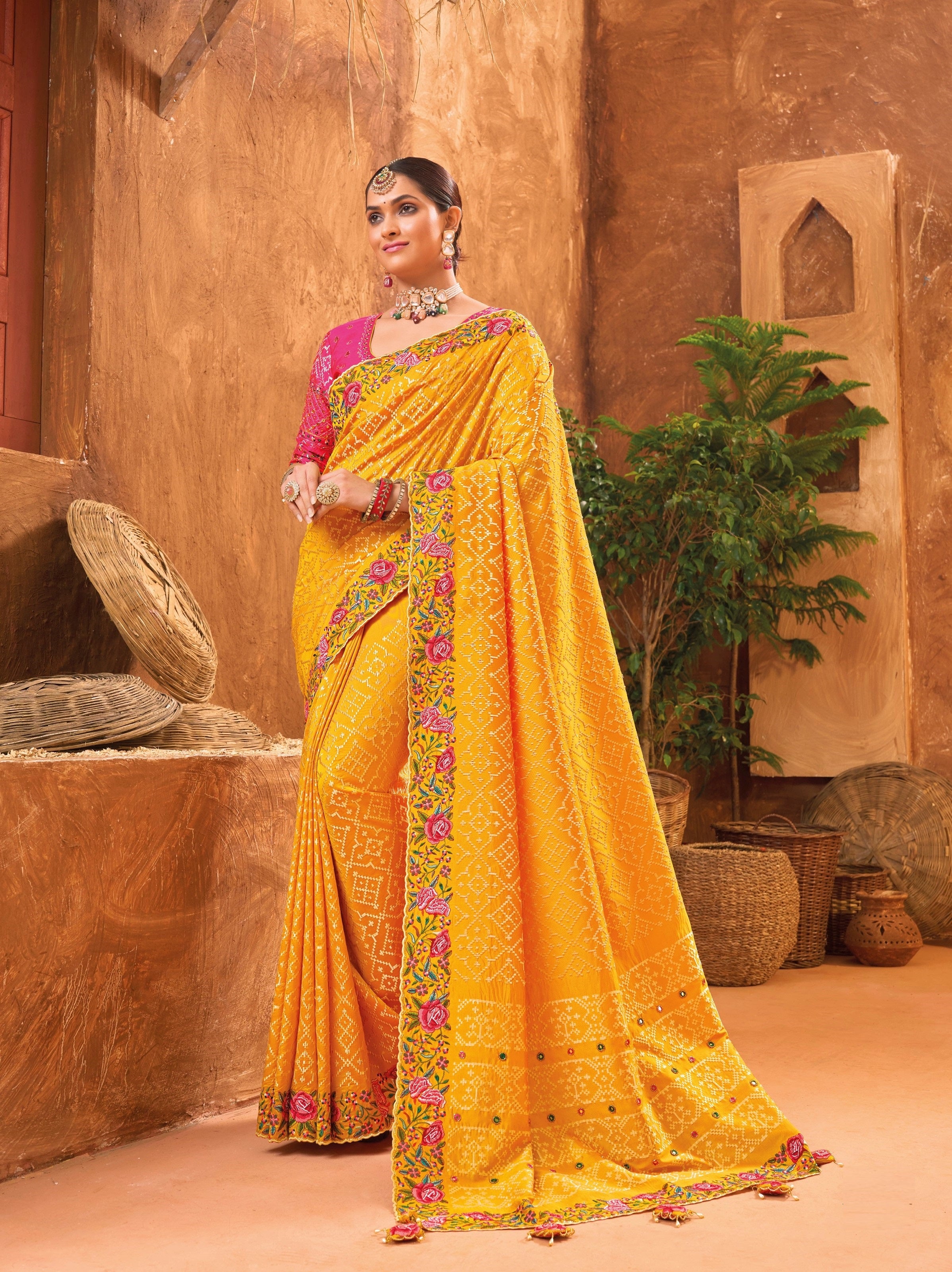Mustard Yellow Banaras Silk Kachhi Work Party Wear Saree
