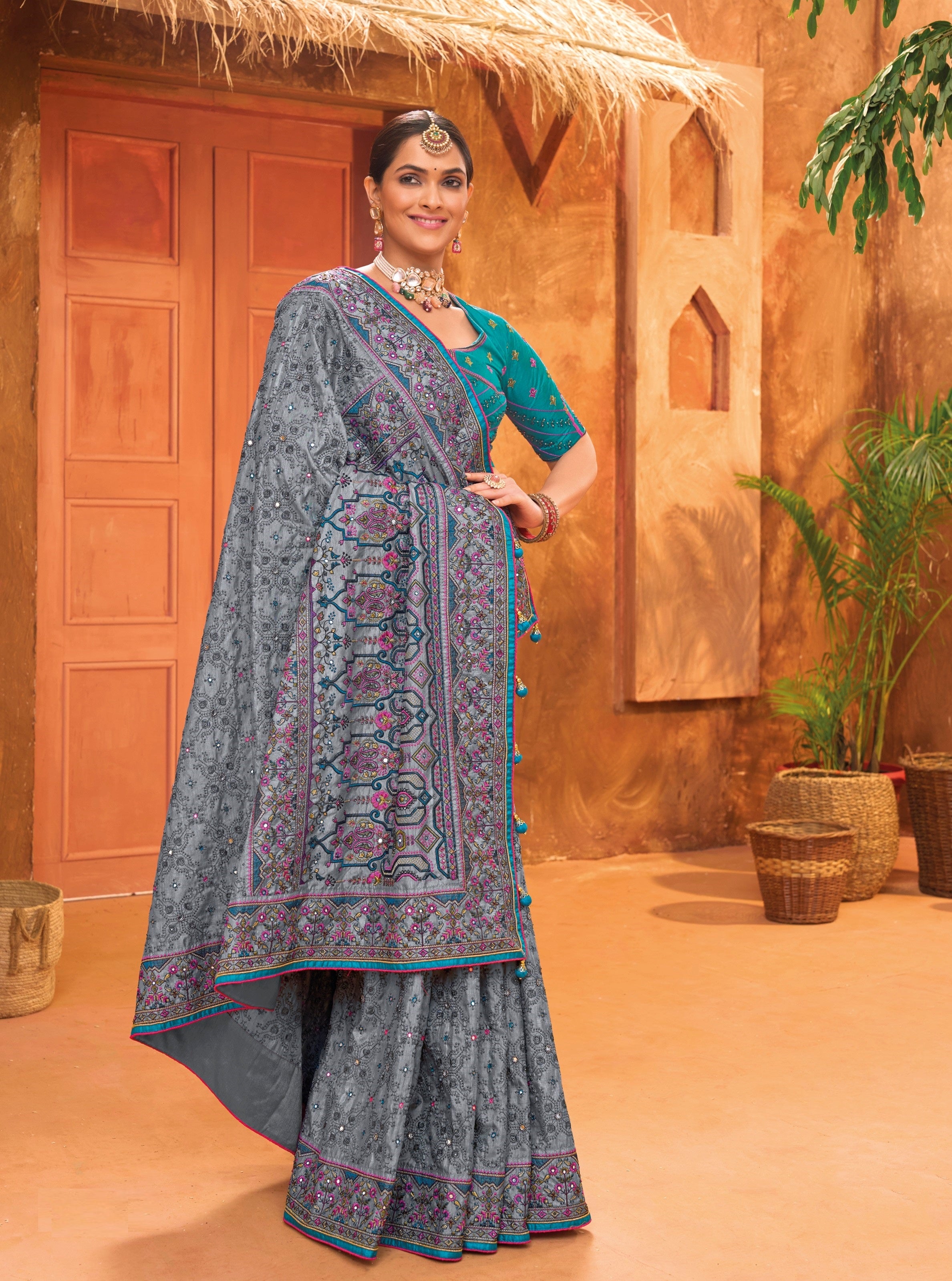 Grey Banaras Silk Kachhi Work Party Wear Saree