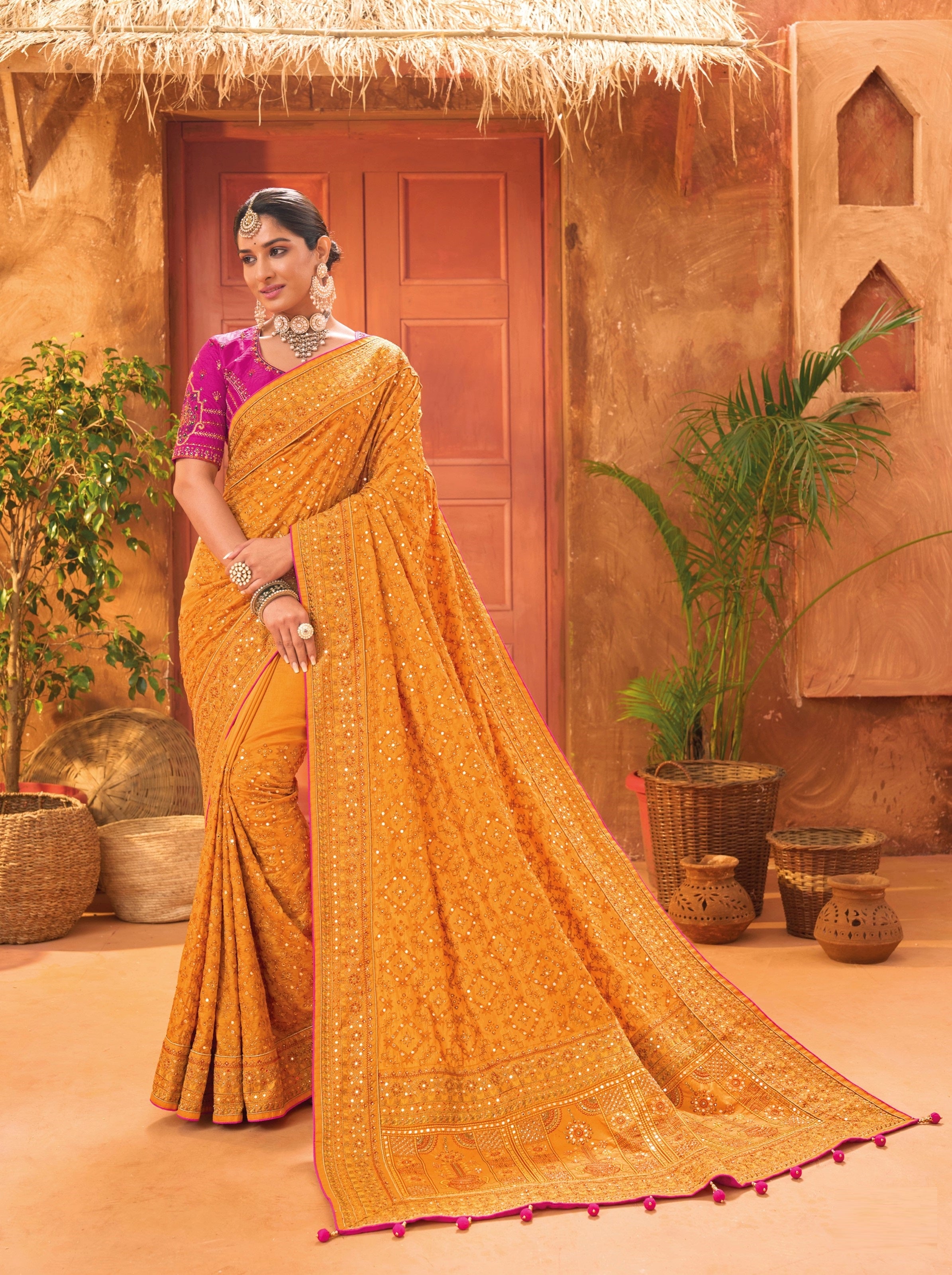 Dark Yellow Banaras Silk Kachhi Work Party Wear Saree
