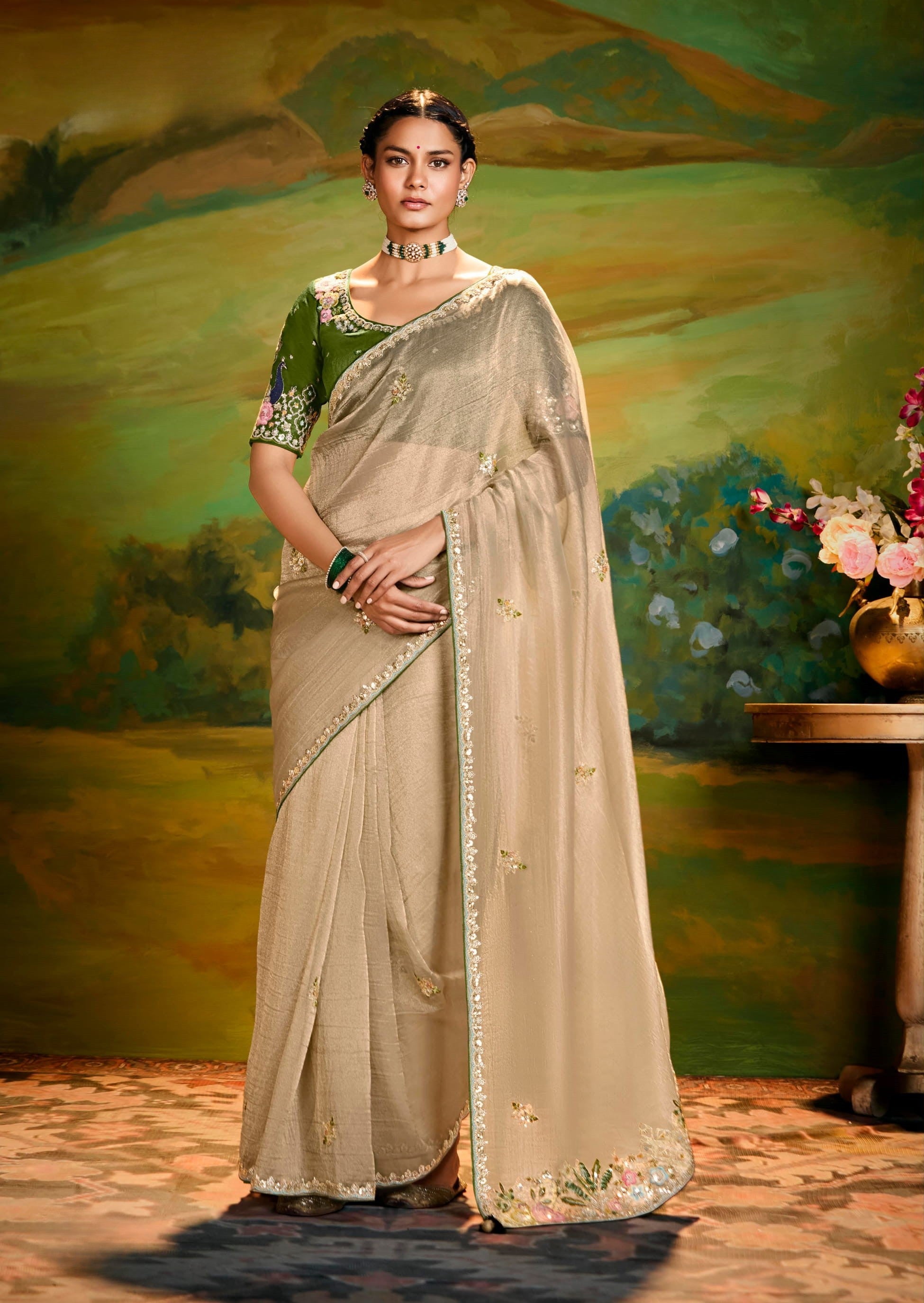 Beige Tissue Organza Party Wear Saree