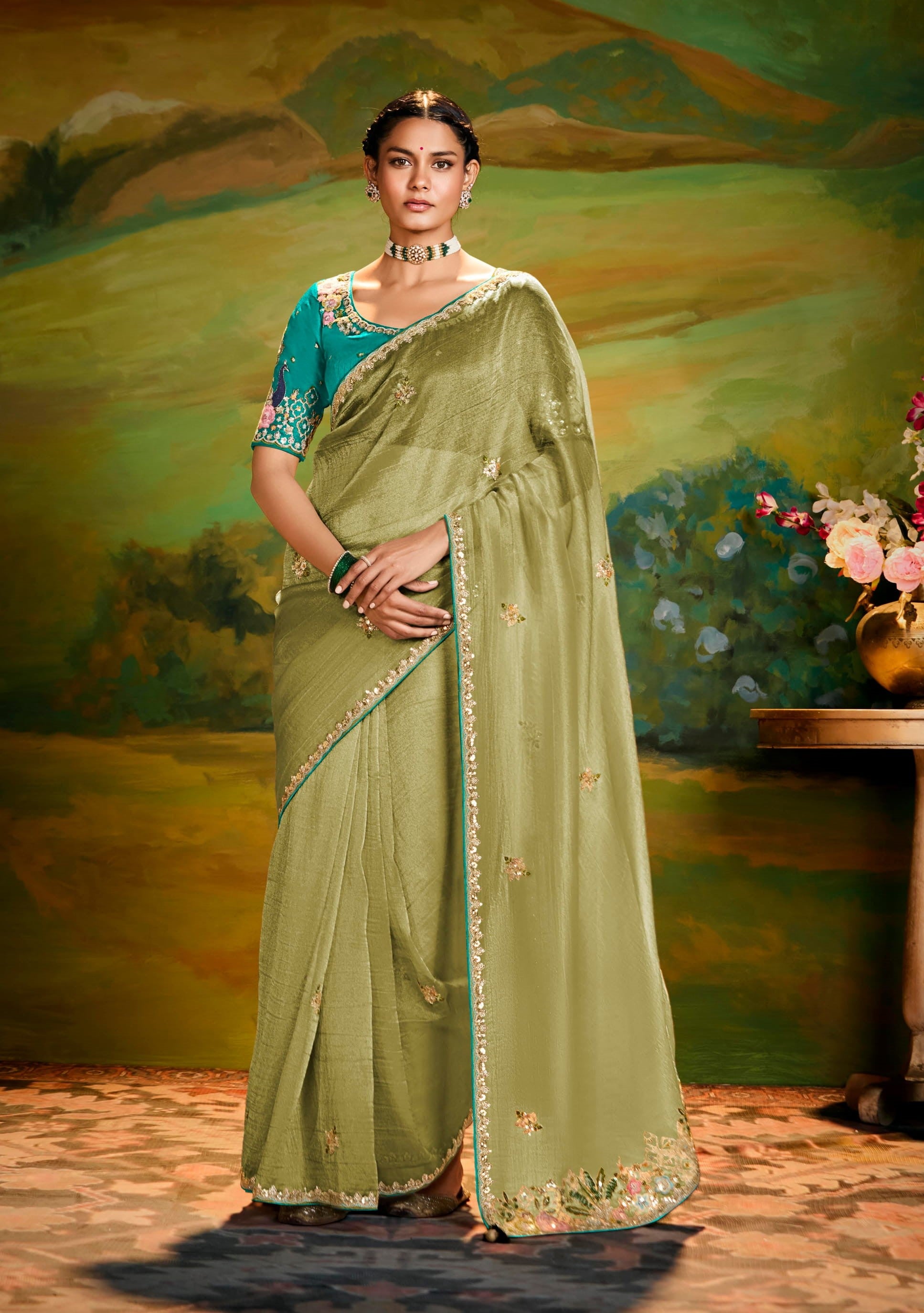 Mehndi Green Tissue Organza Party Wear Saree