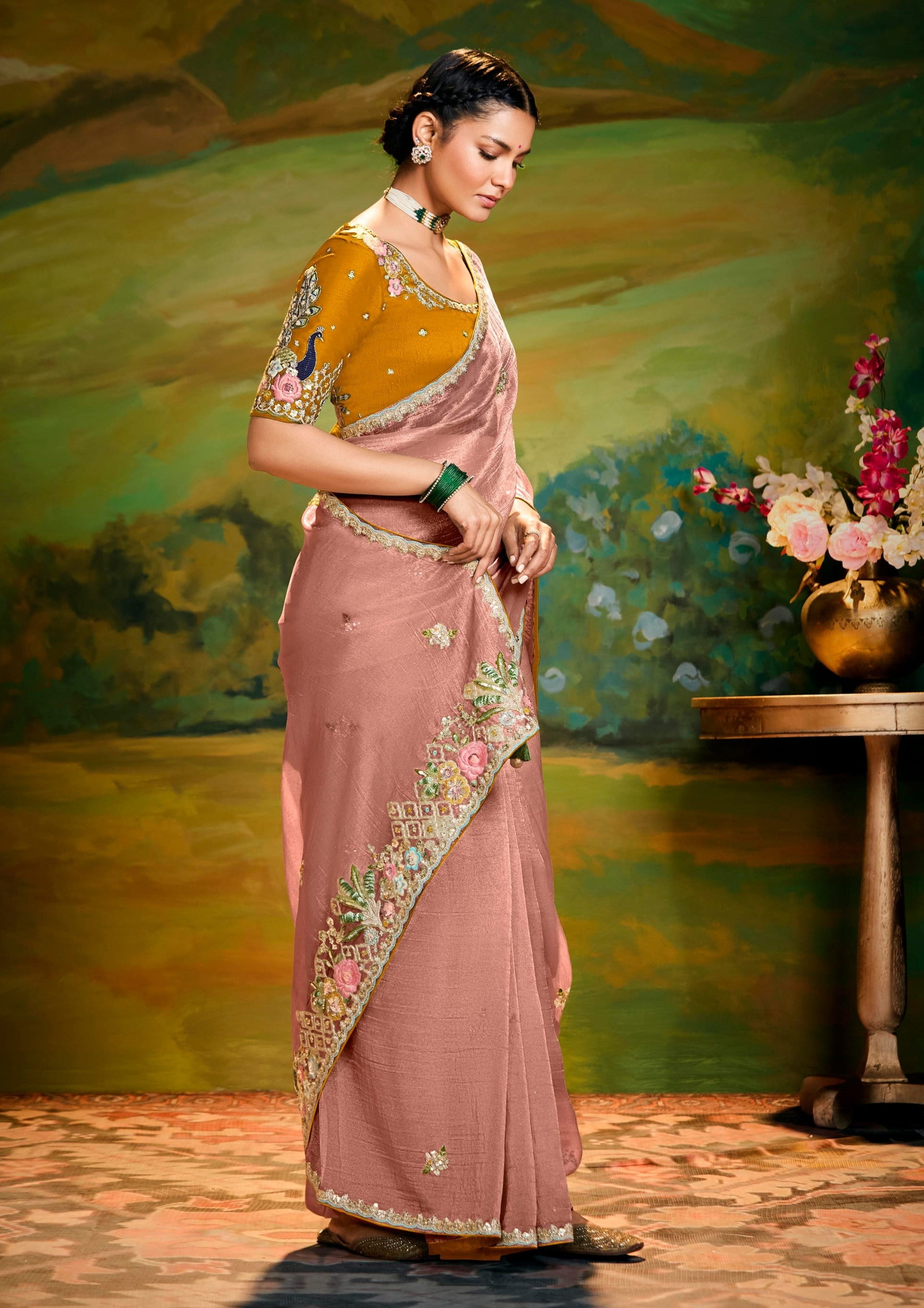 Peach Tissue Organza Party Wear Saree