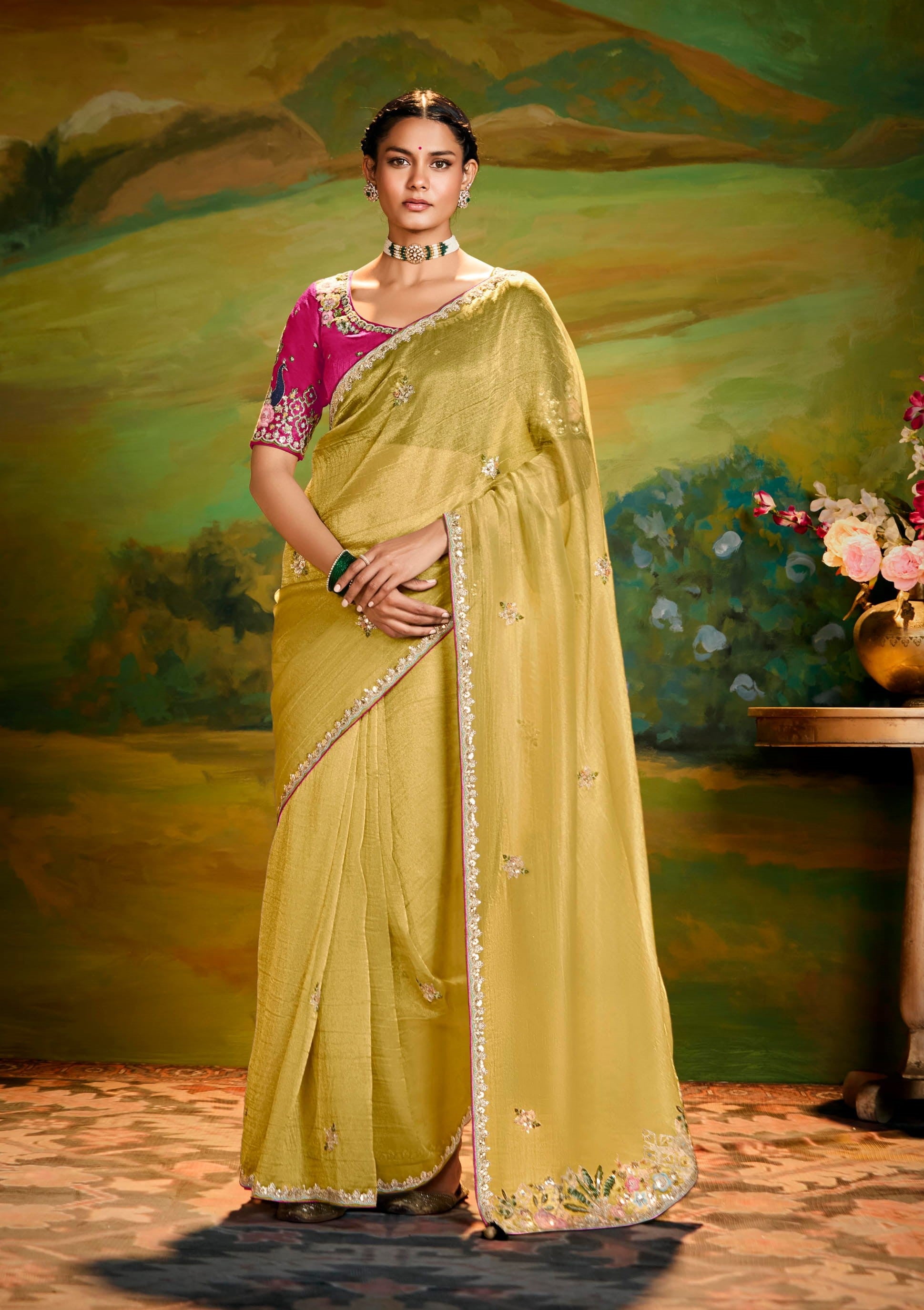 Yellow Tissue Organza Party Wear Saree