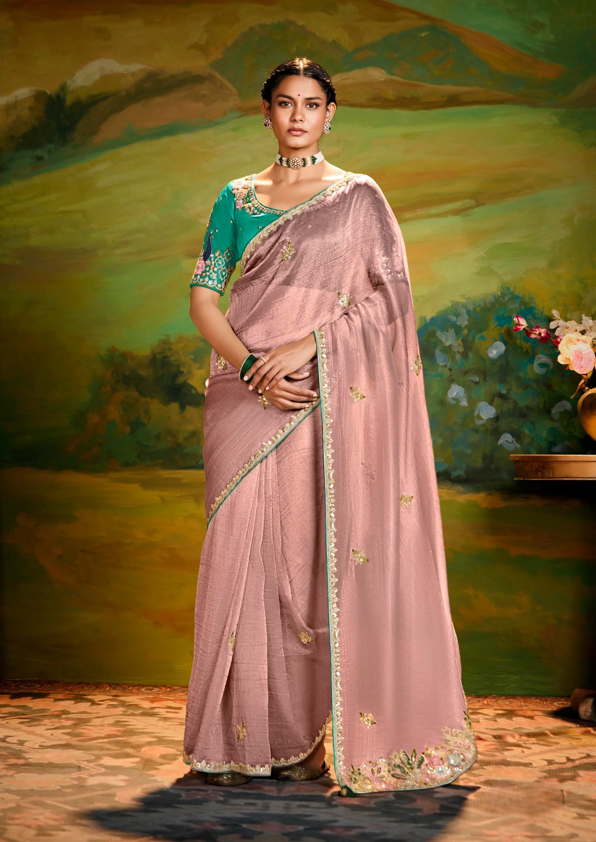 Light Pink Tissue Organza Party Wear Saree