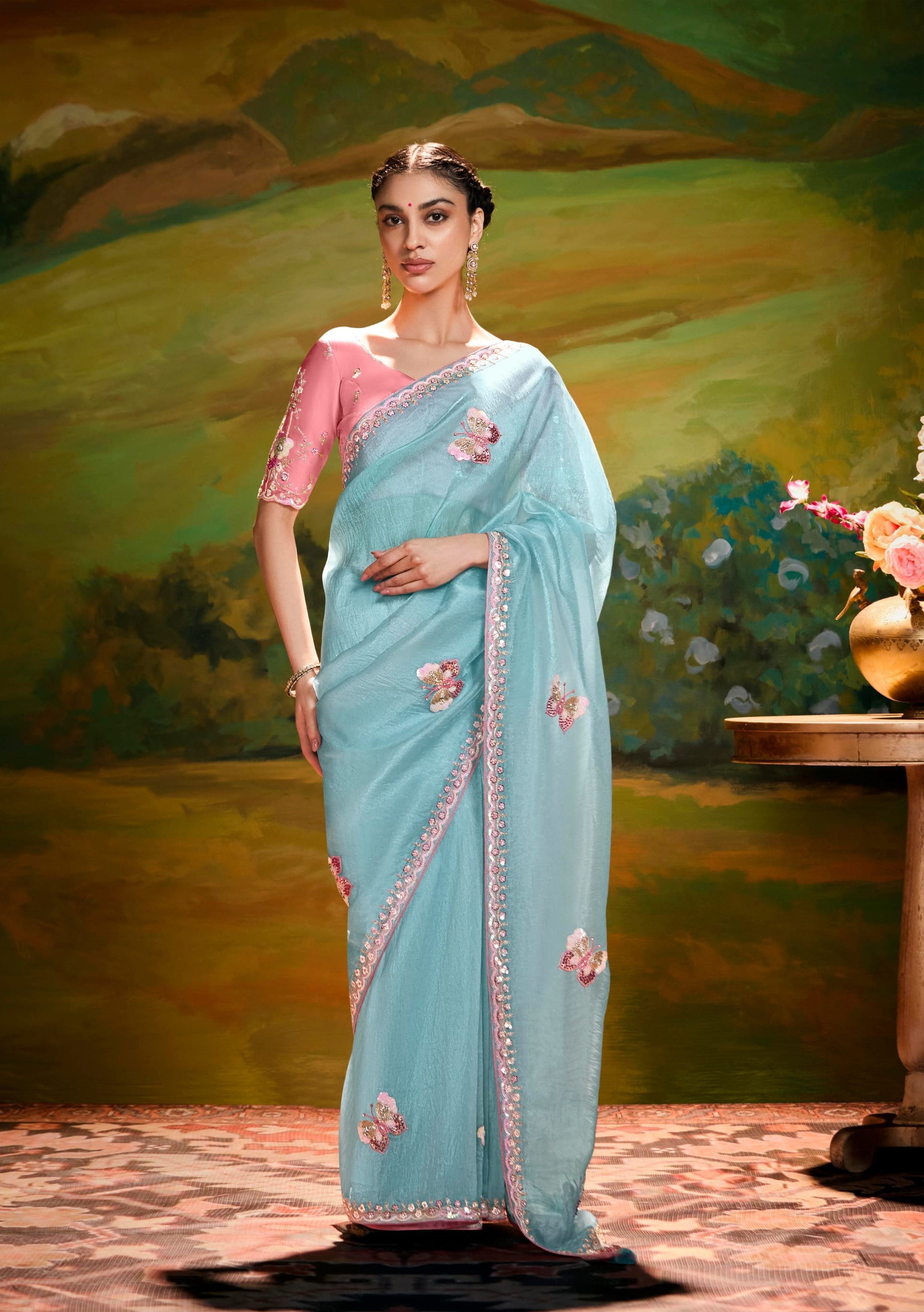 Sky Blue Organza With Embroidery Festival Wear Saree