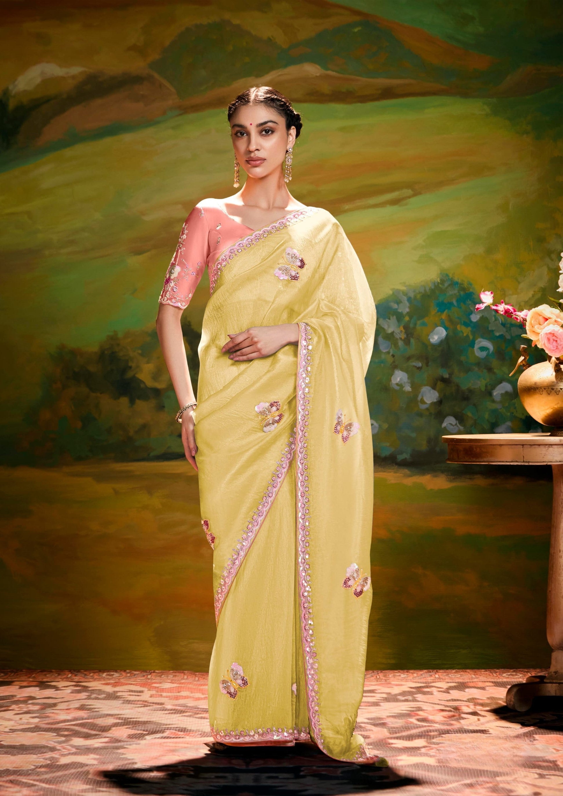 Lemon Yellow Organza With Embroidery Festival Wear Saree