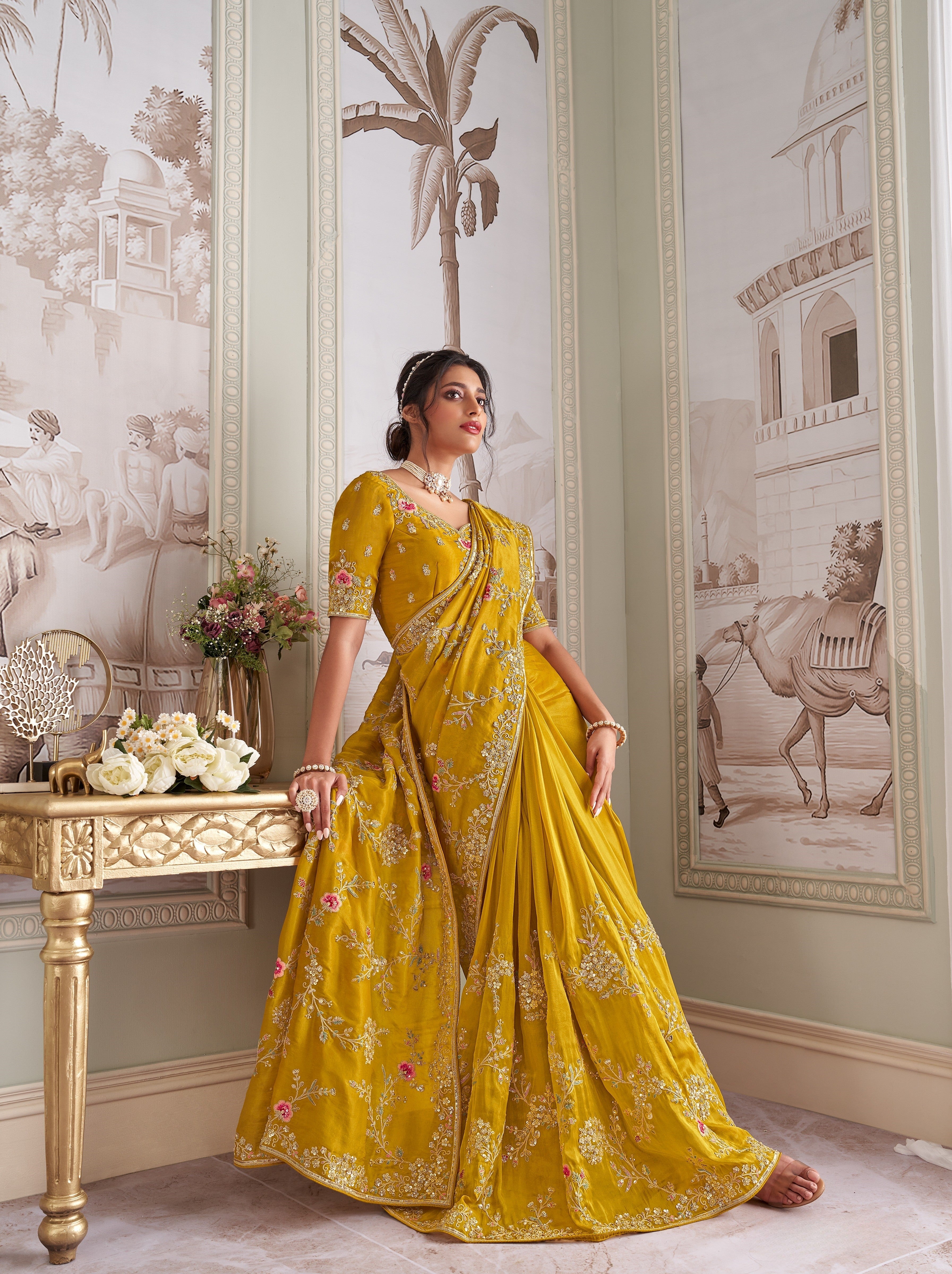 Yellow Tissue Zari With Embroidery Party Wear Saree