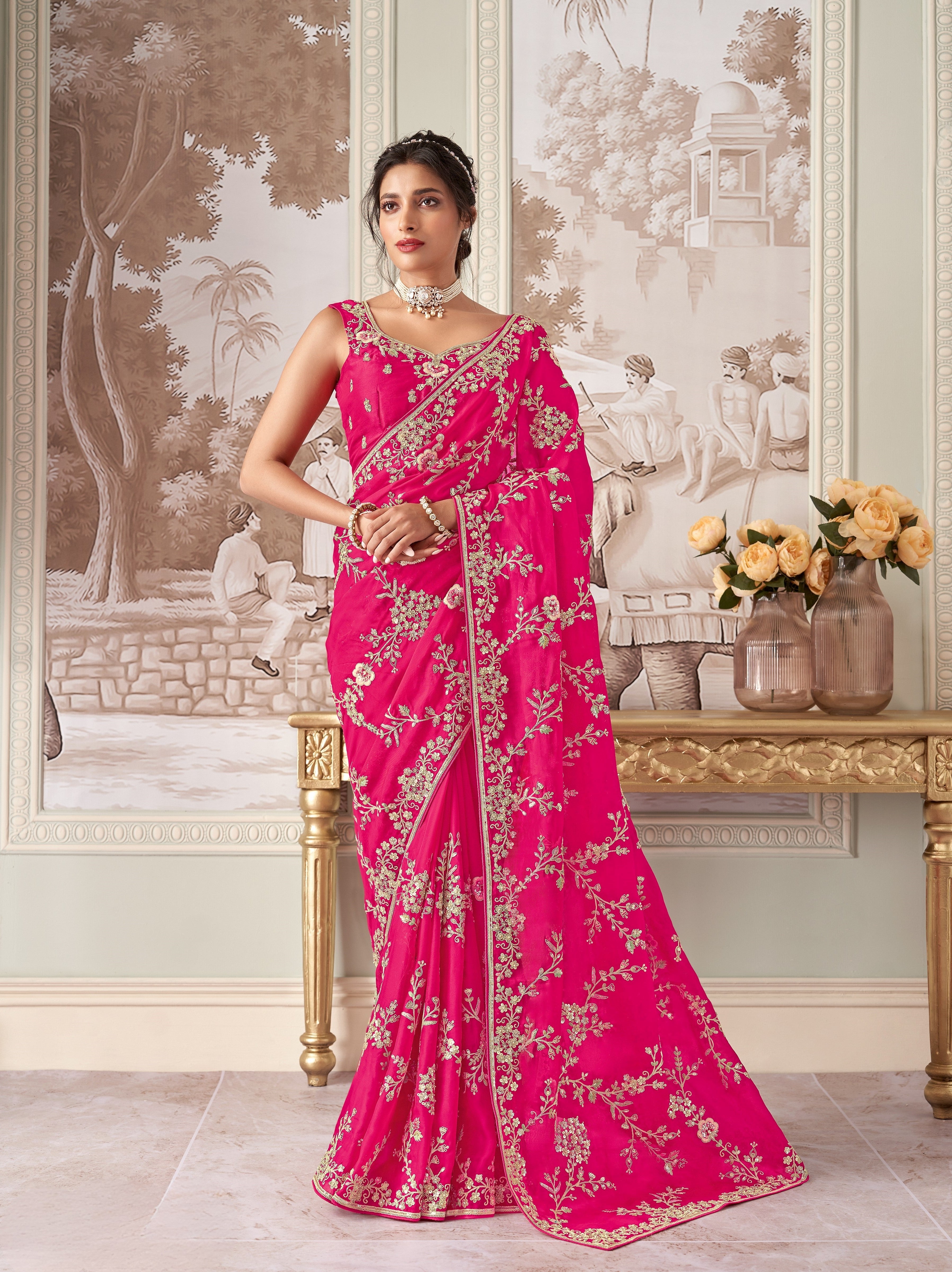 Rani Pink Organza With Embroidery Party Wear Saree