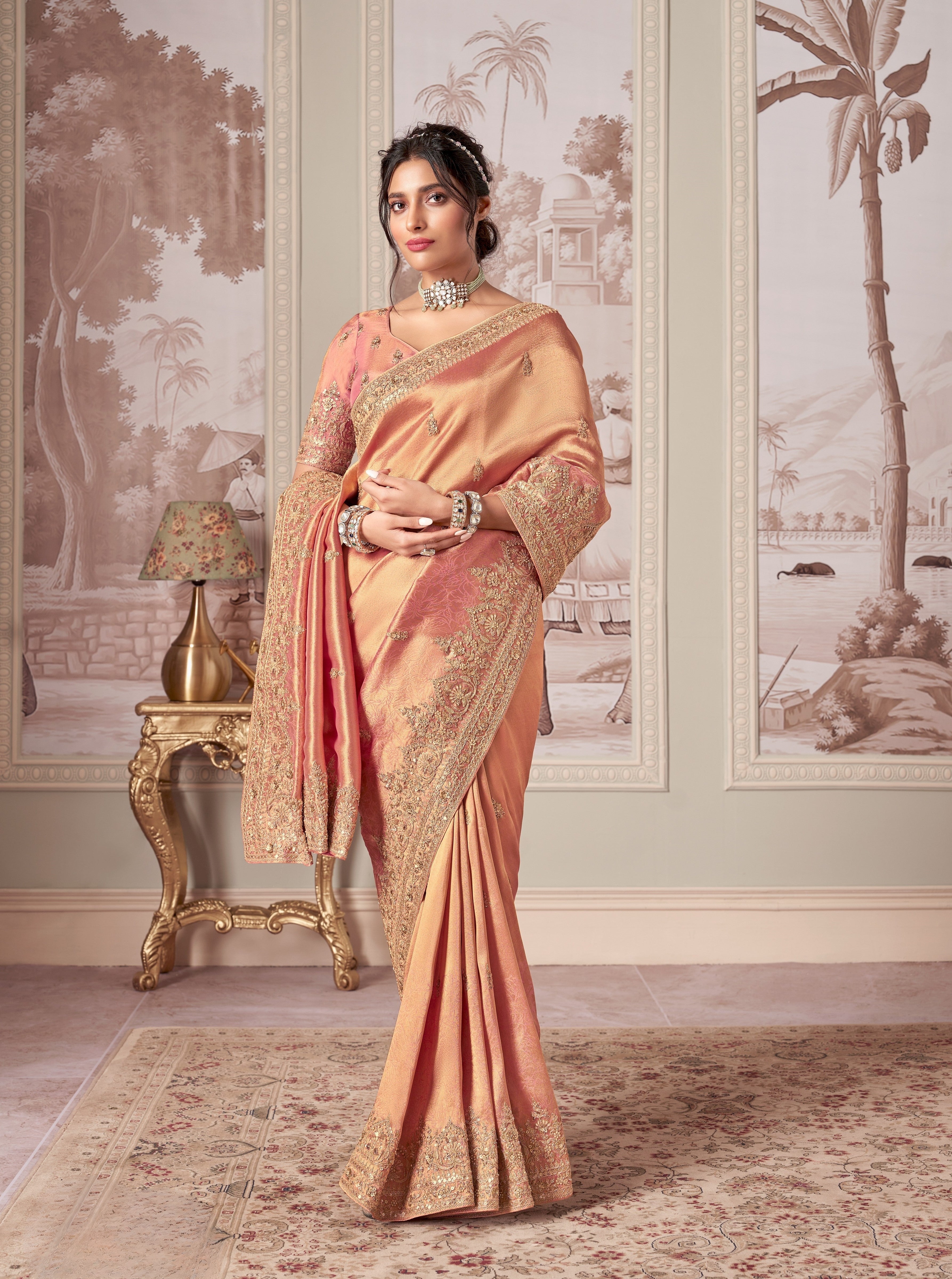 Peach Jaquard Silk With Embroidery Party Wear Saree